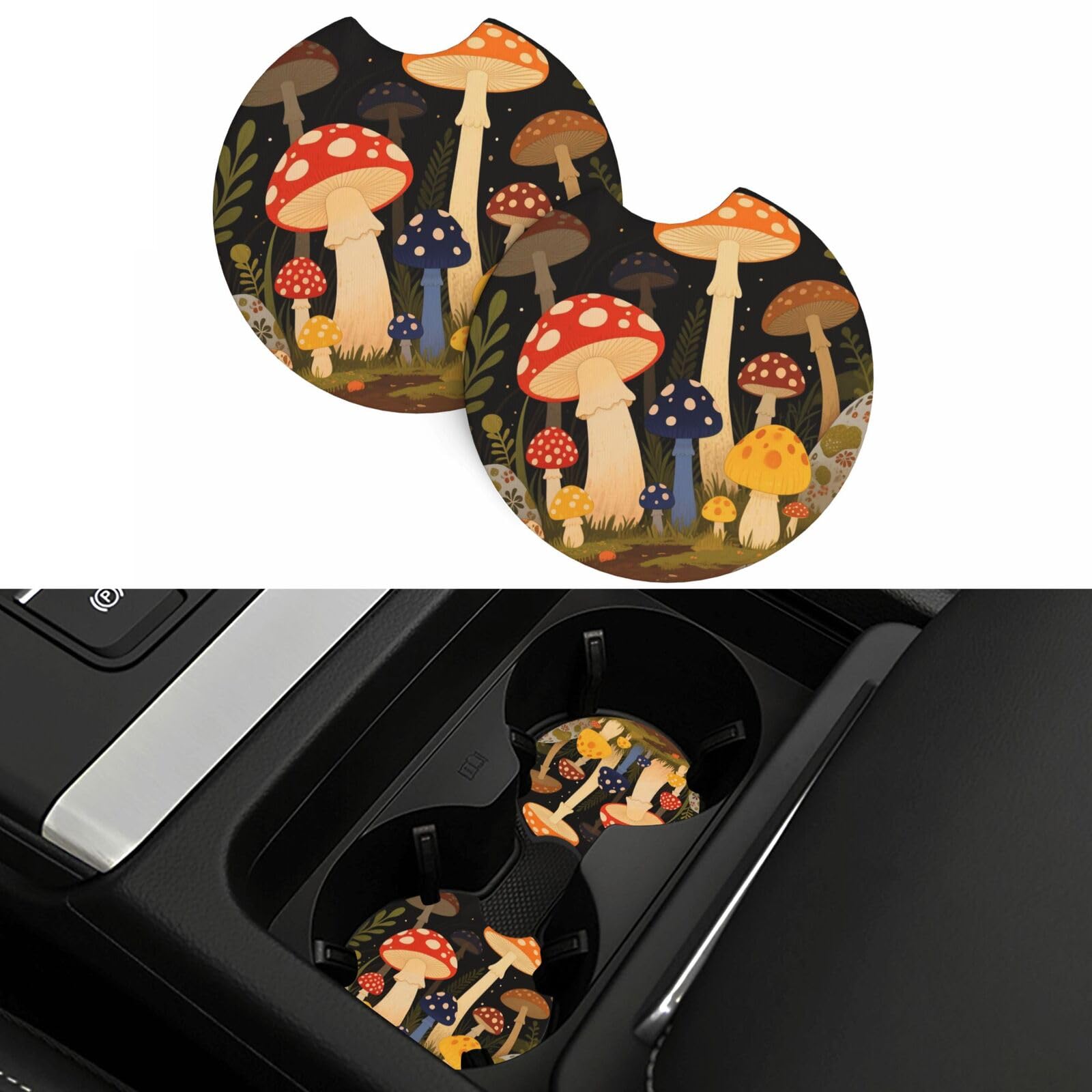 2 Pack Car Coasters,2.7" Universal Car Cup Holder Coasters Non-Slip Neoprene Cup Pad Mat Coaster Car Interior Accessories for Women Men Vintage Mushrooms