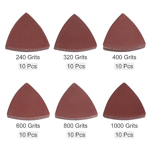 Vista 31 de HARFINGTON 60 piezas de lija triangulares de gancho y bucle 320/400/600/800/1000/1200 granos de 3-1/8 pulgadas, almohadillas de lijado de óxido
