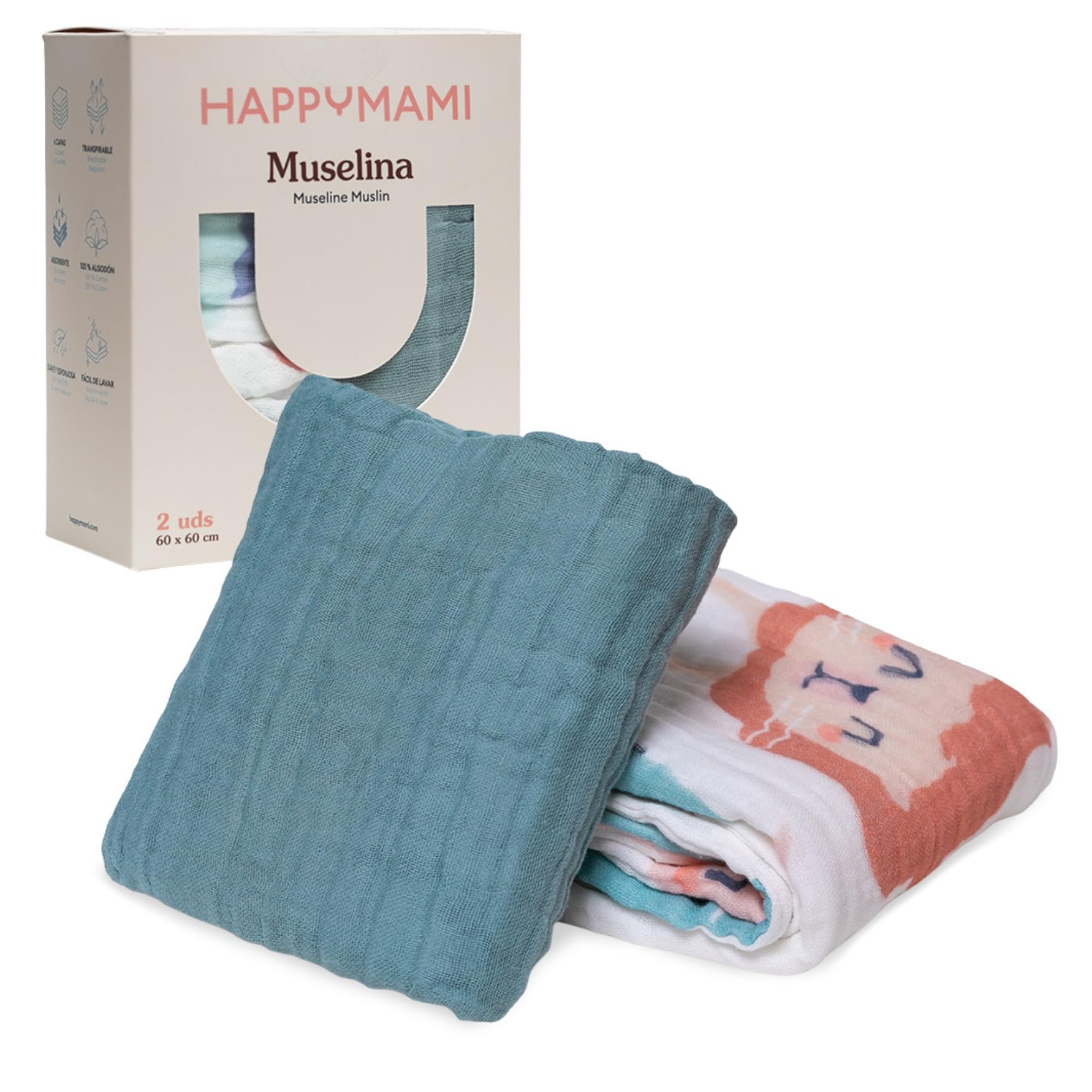 Happymami Pack 2 Muselinas Bebé Algodón 60x60 cm (6 Capas) - Set Regalo Recién Nacido - Gasas Suaves y Absorbentes para Lactancia y Arrullo(Happyanimals + Turquesa Suave)