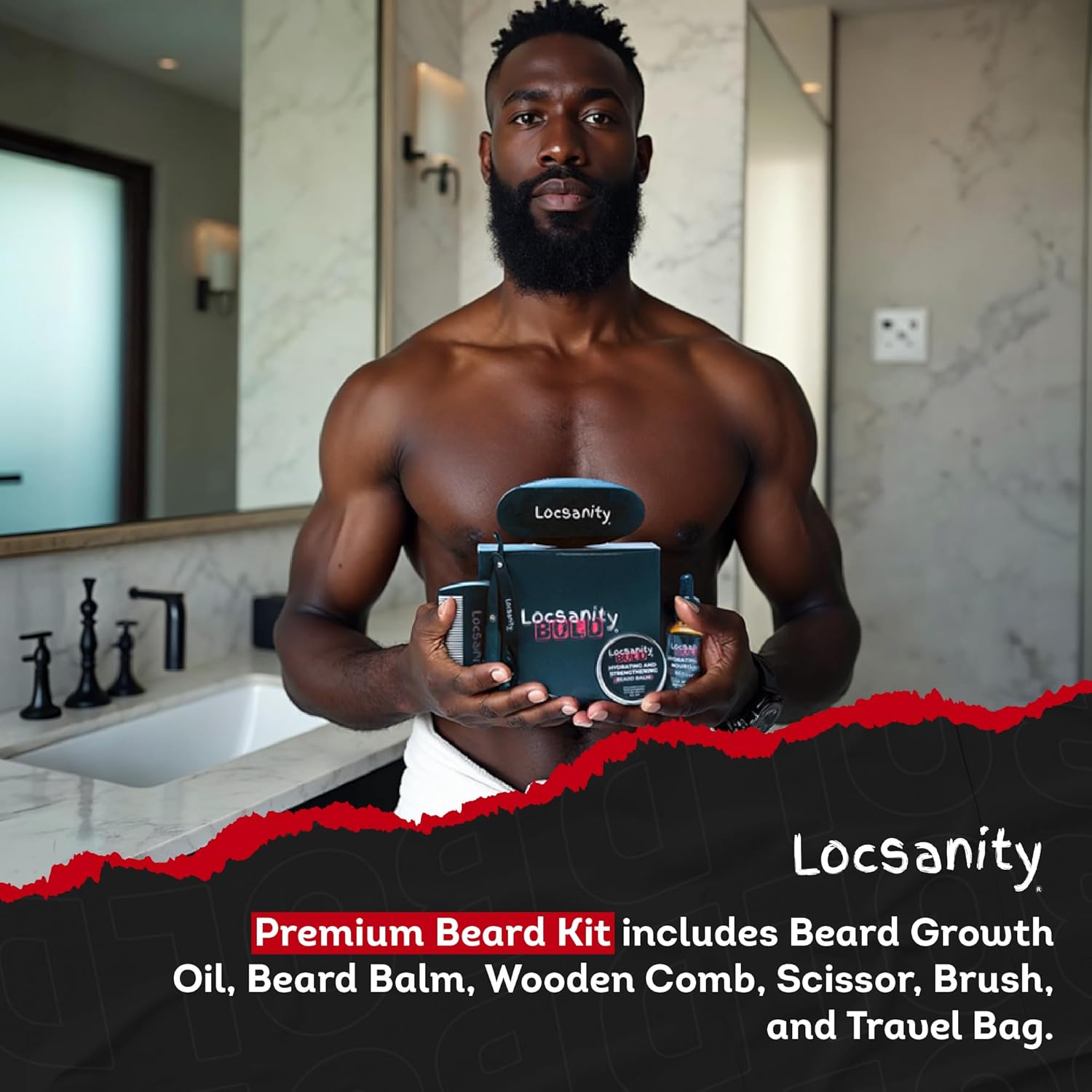 Locsanity BOLD Beard Kit, Beard Growth Kit, Beard Grooming Kit, Growth Oil, Balm Conditioner, Brush, Comb, Mustache Scissor, Storage Bag, Beard Care & Trimming Trimmer Kit Gifts for Men Him