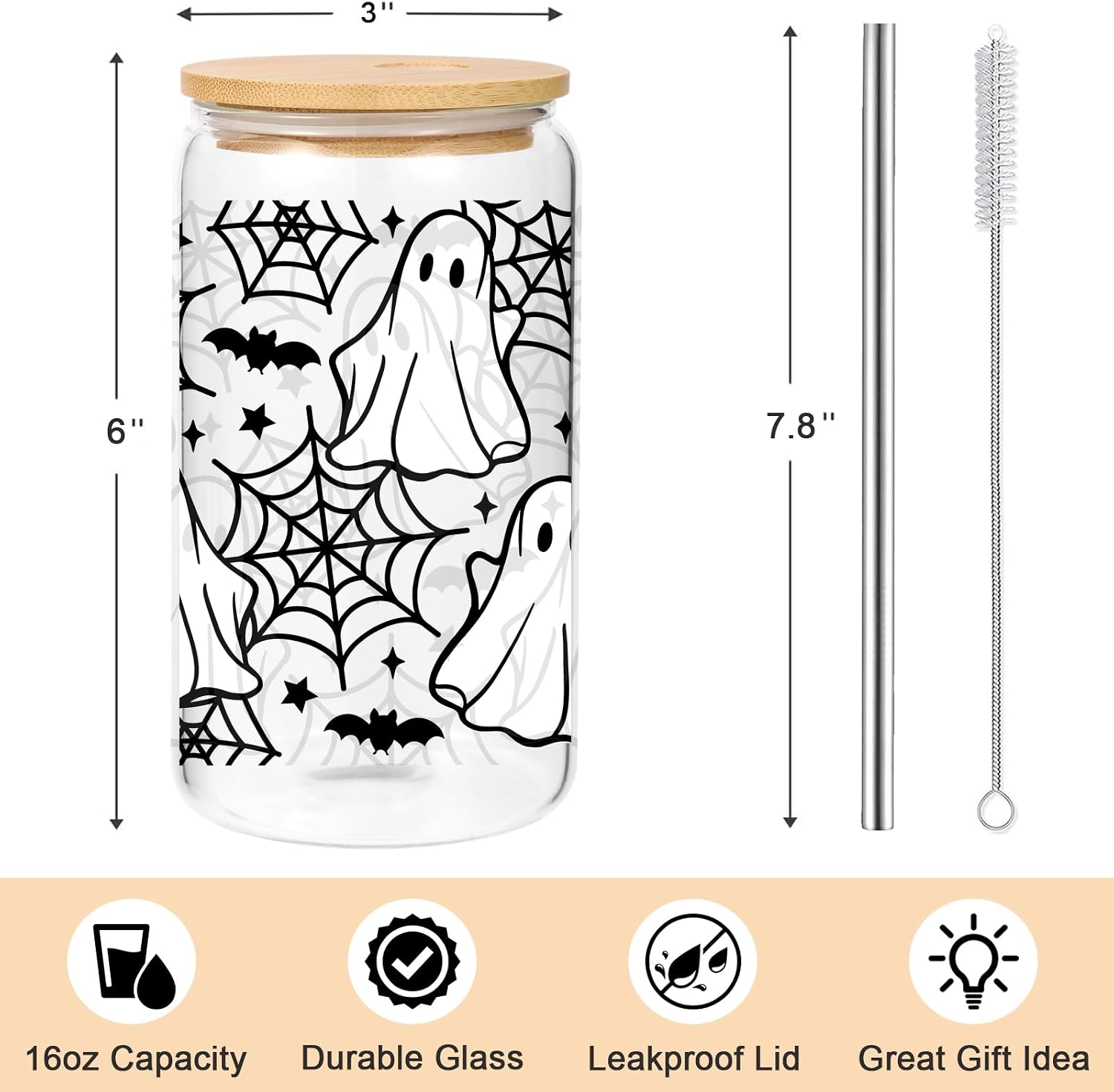 16oz Ghost Glass Tumbler, Spider Web & Bats Halloween Cup with Lid & Straw, Spooky Gifts for Halloween Lovers