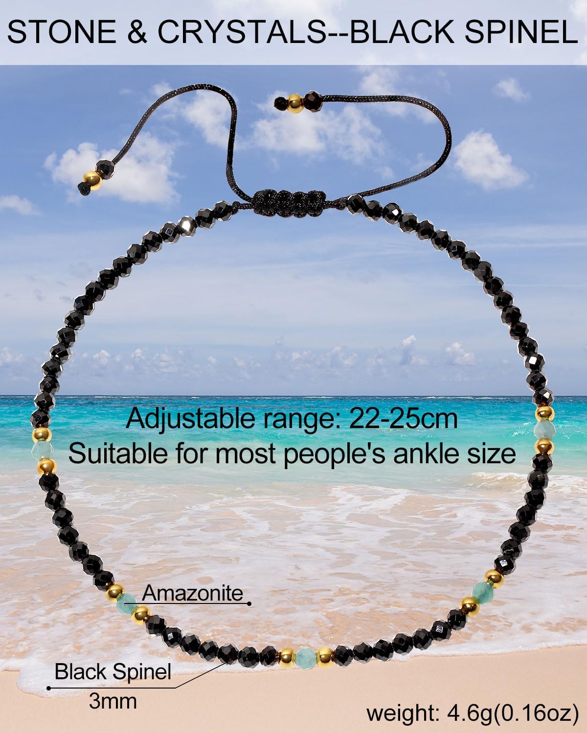 Black Spinel/Amazonite Beaded Anklet Protection Energy Gemstones Faceted Beads Dainty Ankle Bracelets for Women Jewelry (8.5-10 Inches) - Image 6