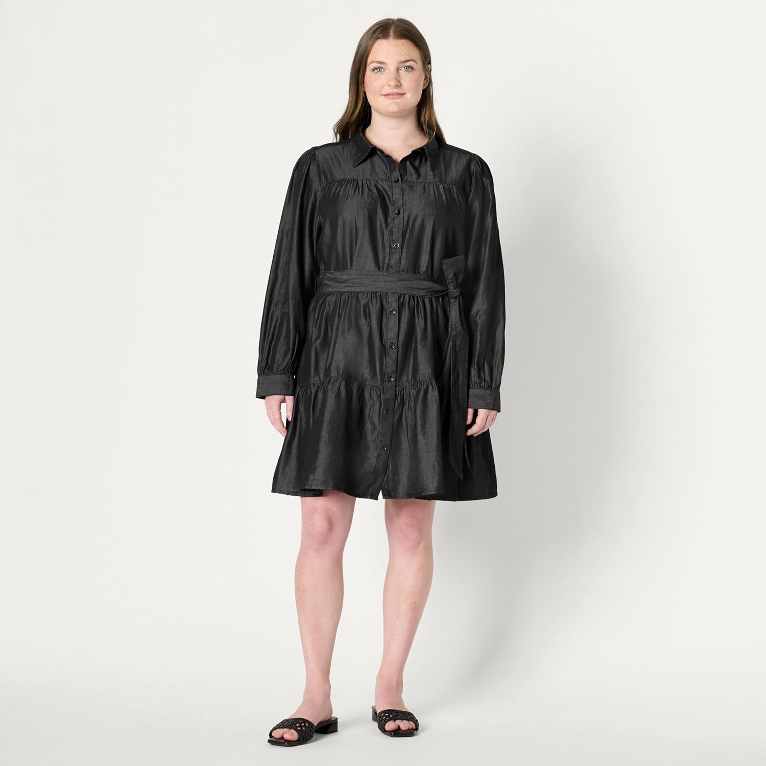 Amazon Essentials Women's Fit and Flare Denim Chambray Long-Sleeve Tiered Shirtdress