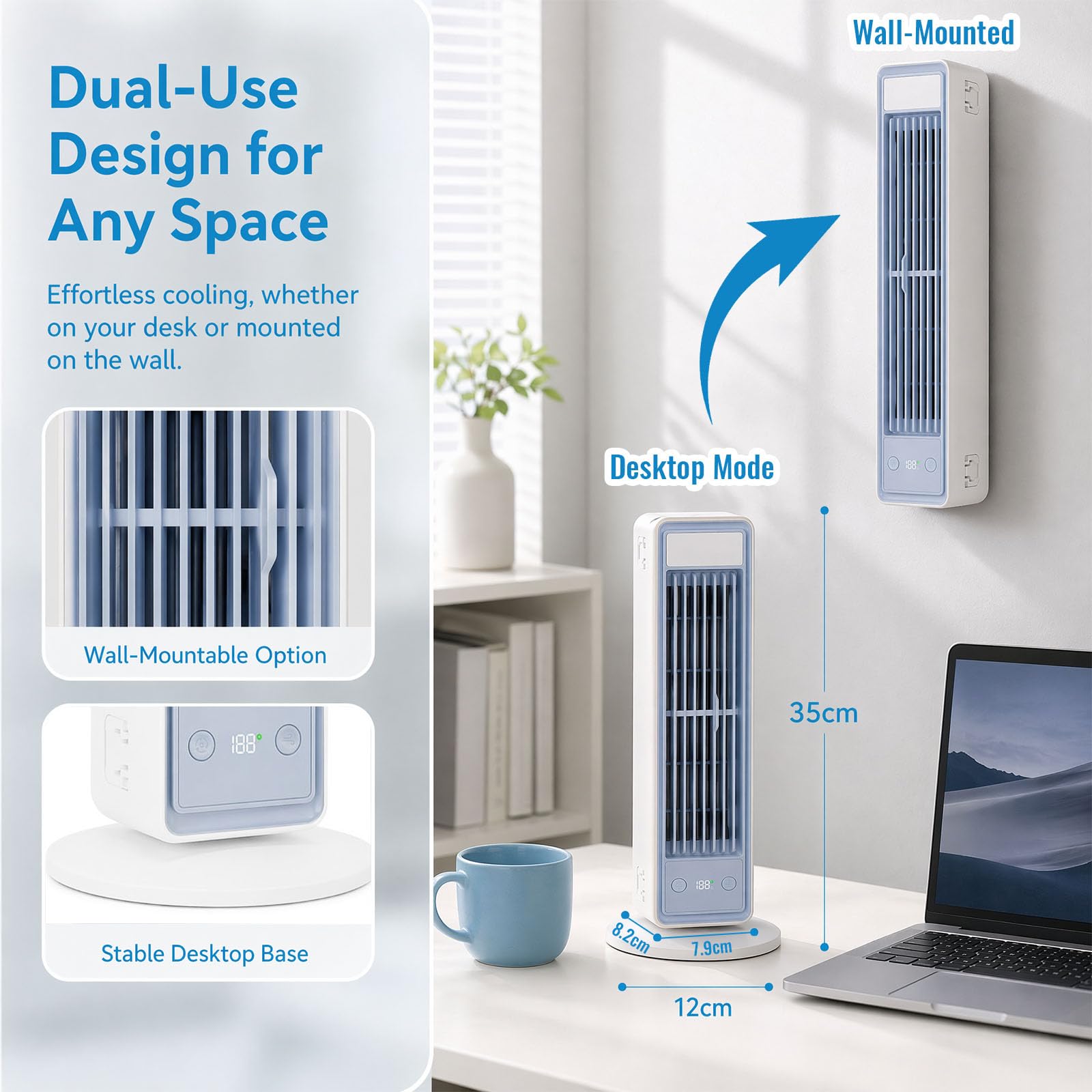 Tragbare Klimaanlage, Mobiler Luftkühler leise mit 3 Geschwindigkeiten, Energieeffizienter Ventilator ohne Flügel, Mini Air Conditioner für Schlafzimmer, Büro und Zuhause, Weiß