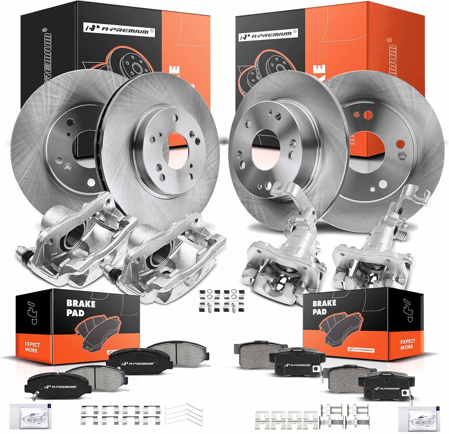 A-Premium Front and Rear Disc Brake Rotors and Ceramic Pads Kit with Calipers Compatible with Honda Accord 2003 2004 2005 2006 2007 L4 2.4L 16-PC Set