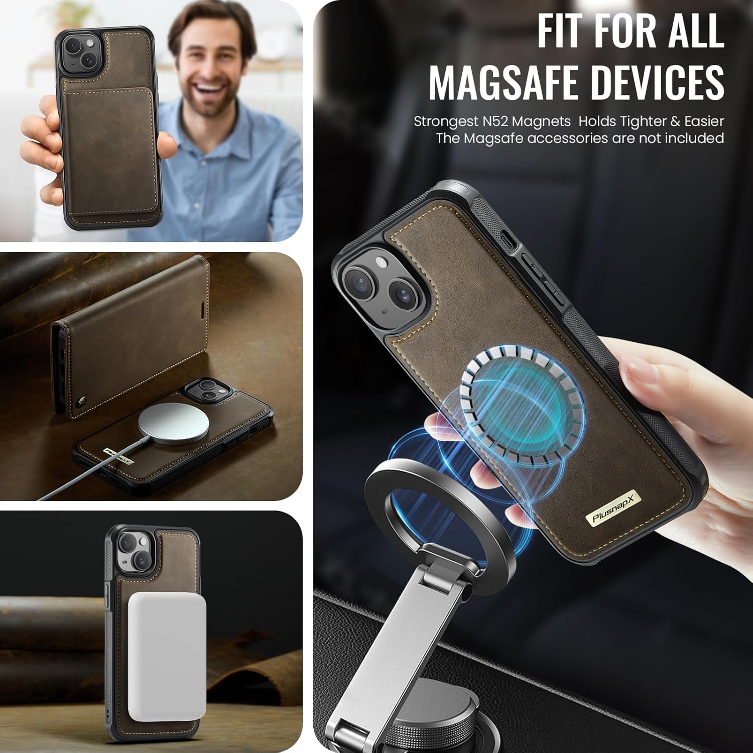 Wallet Case for iPhone 15 Compatible with Magsafe, 2-in-1 PU Leather Flip RFID Blocking Card Holder Stand Shockproof Magnetic Detachable Cover for iPhone 15 Case 6.1", Brown