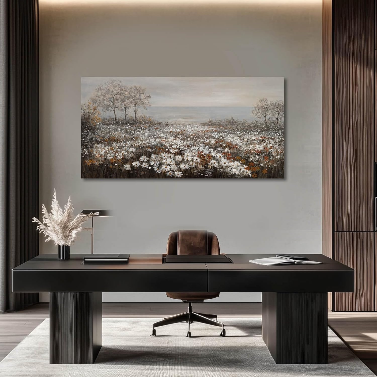 GAIDUOMAI Farmhouse Decor Tree and Ocean Wall Art White Flowers Vintage Artwork 24"x48" Grey Pictures Wall Decor for Dining Room Bedroom Office