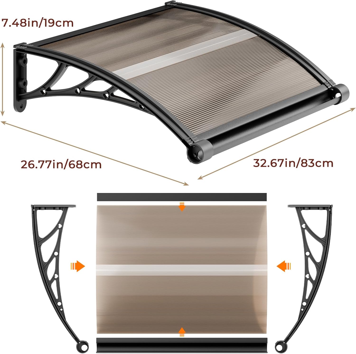 Door Awning Window Canopy, 33 x 27 Inch Polycarbonate Cover with Aluminum Alloy Bracket, UPF 50+ UV Protection Sun Shade and Rain Shelter for Front Door, Patio, Porch, Transparent (Aluminum)