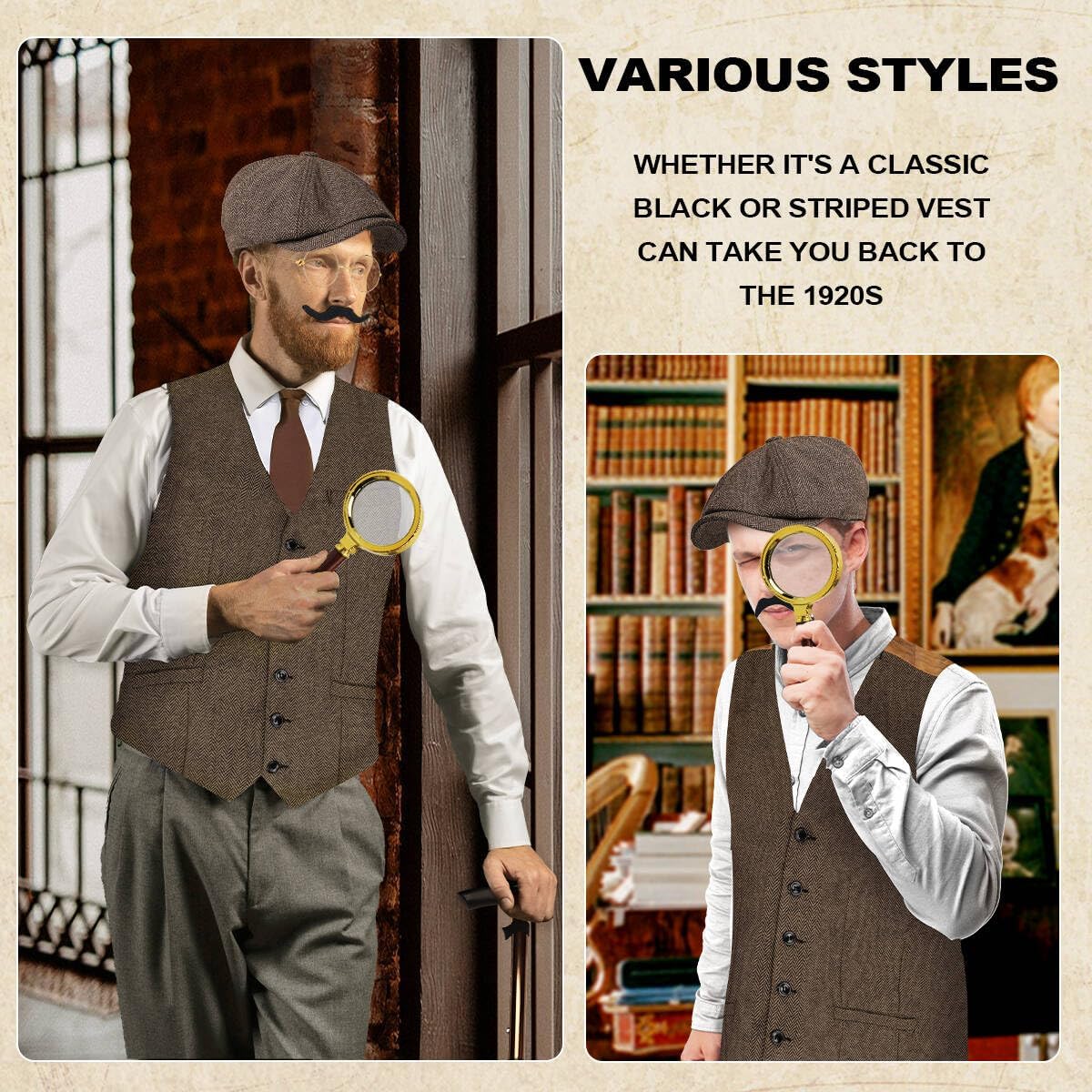 1920s Mens Costume, Roaring 20s Costumes Accessories Set Vest Foldable Crutches Fedora Hat Pocket Watch Tie - Image 6