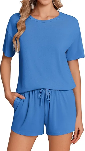 Ekouaer Pajama Set for Women Viscose from Bamboo Short Sleeve Tops and Shorts Set 2 Piece Lounge Set