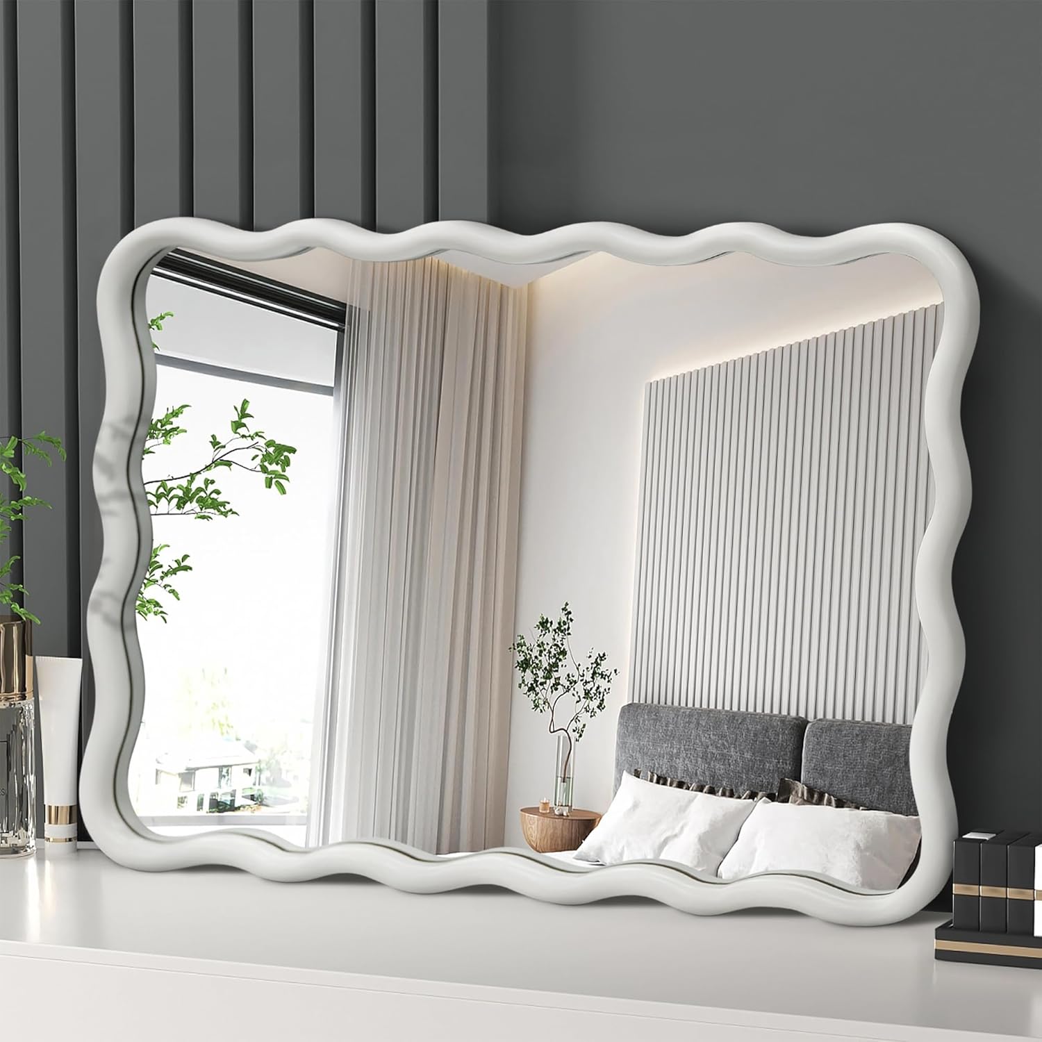 White Wavy Mirror Solid Wood- Squiggly Mirror Vanity Modern Wall Decor for Bathroom, Bedroom, Living Room, Dining Room, Cloakroom, Entryway