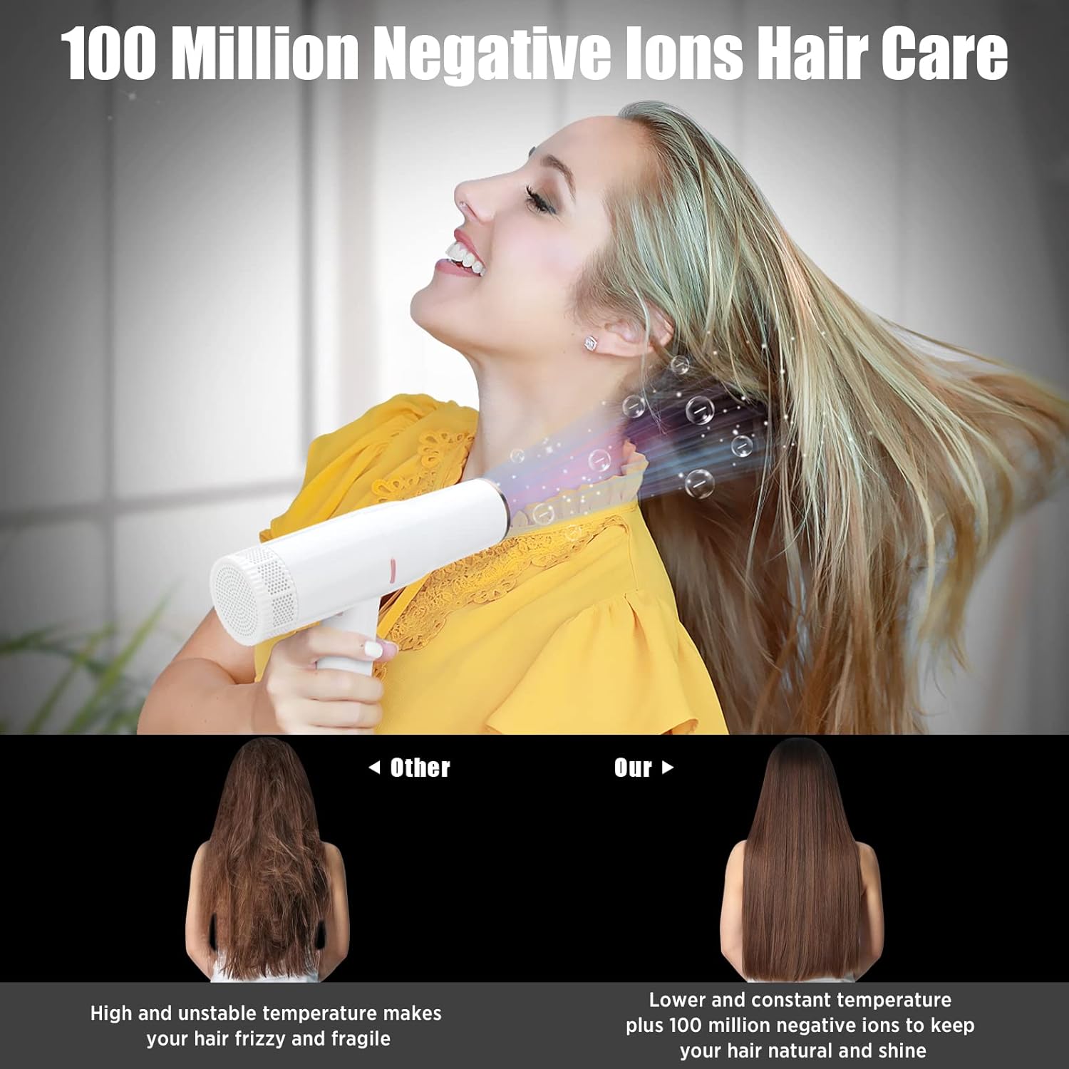 Woman drying hair with negative ions, showing before and after hair texture.