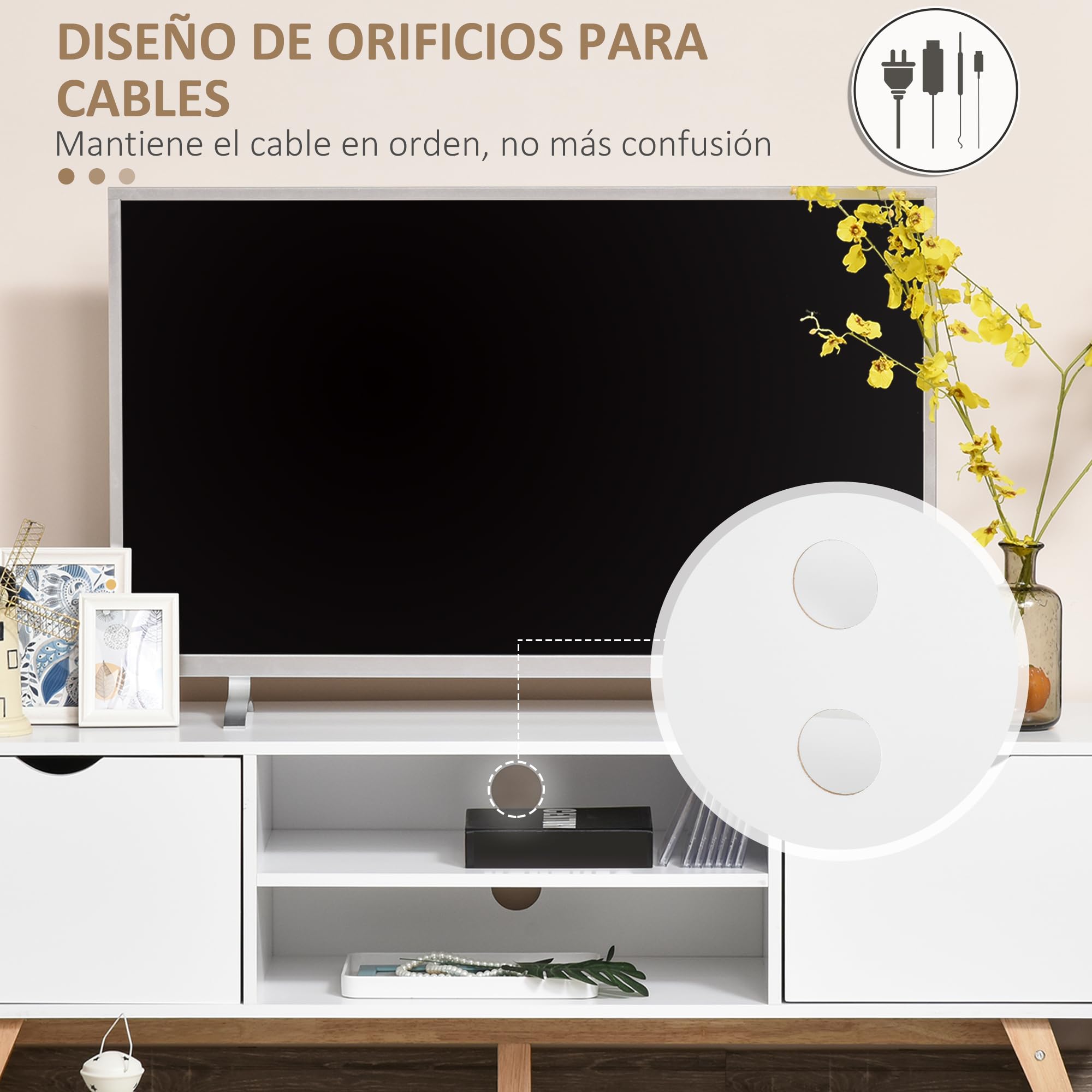 HOMCOM Mueble de TV Salón Moderno para 65 Pulgadas 150x39x50 cm | Mueble para Televisores, Mesa de TV, 2 Estantes Abiertos, Patas de Madera