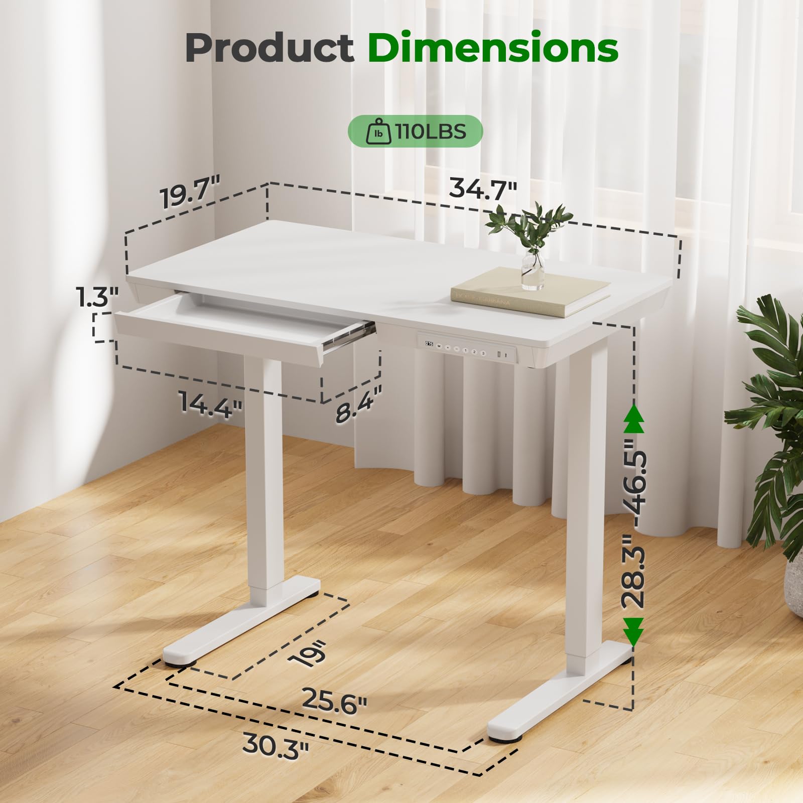 Small Standing Desk with Drawer 35 x 20 Whole Piece Tabletop Electric Sit Stand Desk Height Adjustable Desk — view 7
