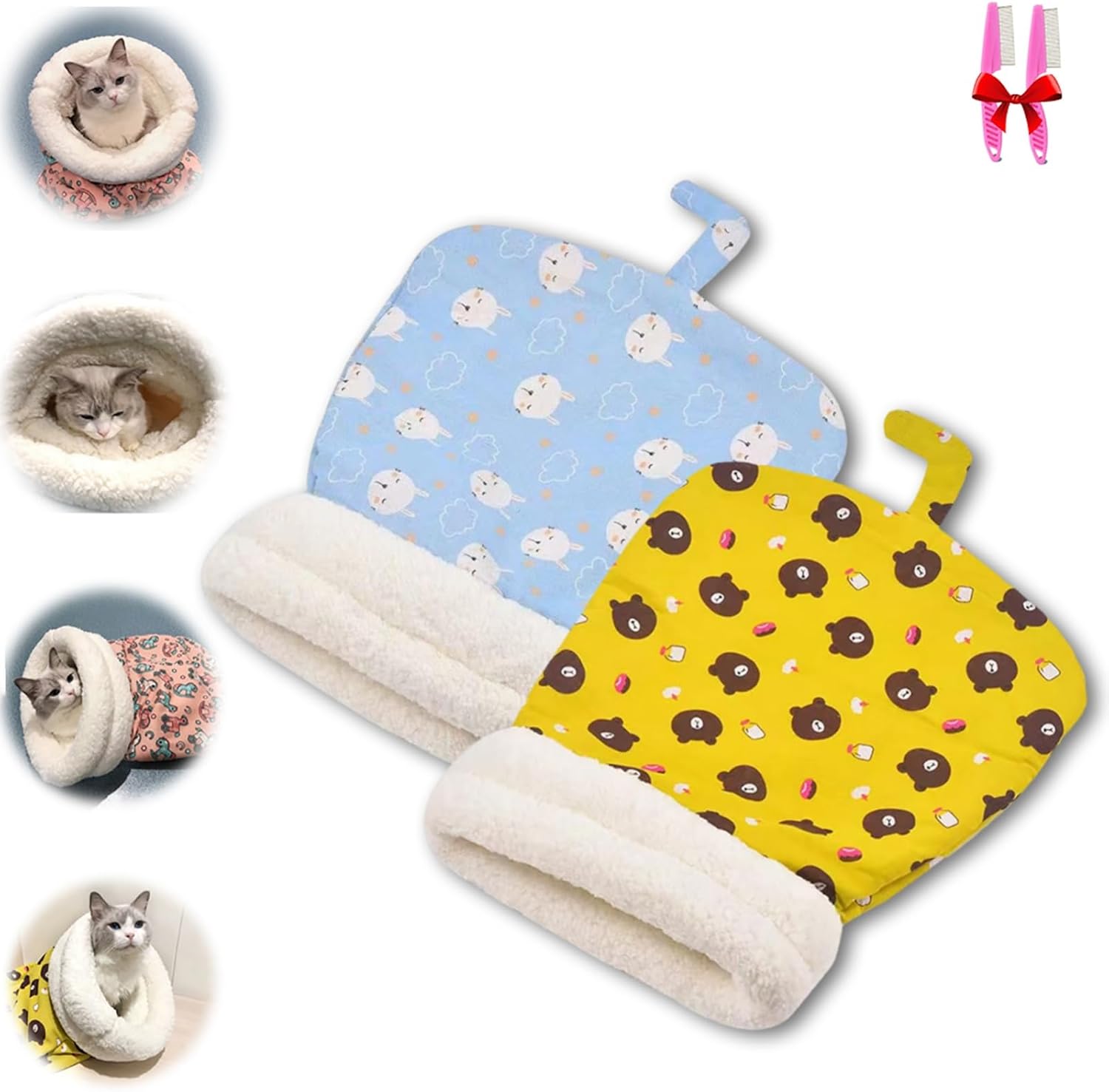 Cozy Pet Nest for Cats and Dogs, New Winter Linen Sleeping Bag with Thickened Pockets and Lambskin, Cozy Cat Sleeping Bag Cat Cave Bed for Indoor Cats (Blue+Yellow)