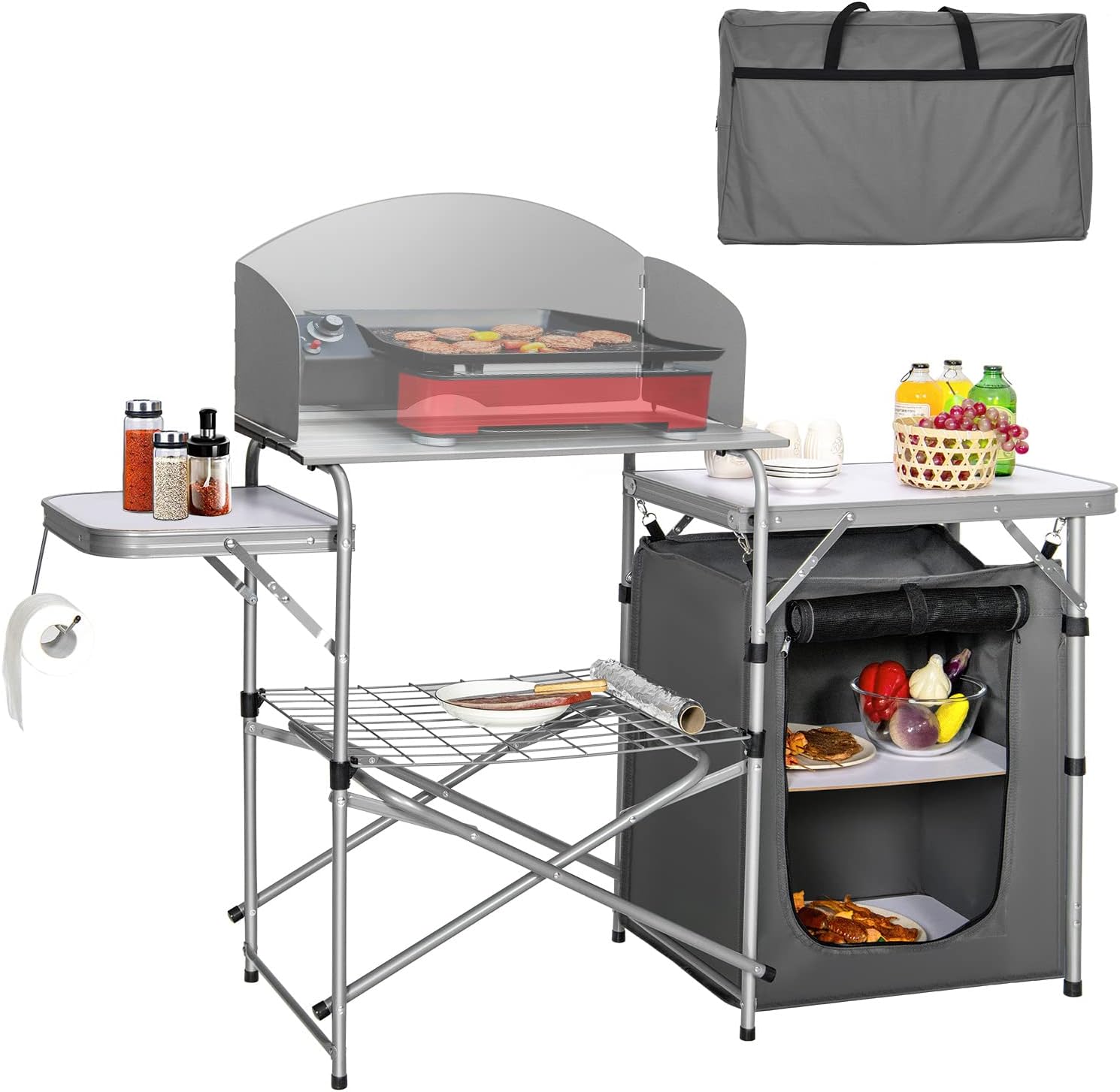 GYMAX Aluminum Portable Camping Kitchen, Folding Cooking Table with 26" Tabletop, Detachable Windscreen & Carrying Bag, Outdoor Grill Table for BBQ, Backyards