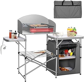 GYMAX Camping Table, Folding Grill Table with Washable Storage, Detachable Windproof Windscreen, Tissue Holder & Carrying Bag, Camping Kitchen Station for Outdoor Cooking Picnic BBQ Backyard (Grey)