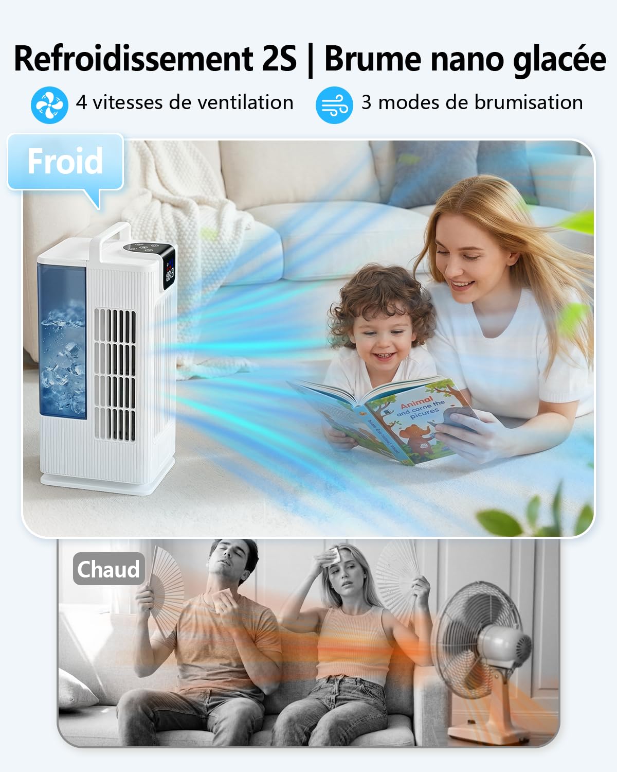 Rafraîchisseur d'Air Portable：Réservoir 2L, Oscillation 120°, 4 Vitesses, LED, Minuteur et Télécommande, Ventilateur Rafraîchissant pour Maison et Bureau