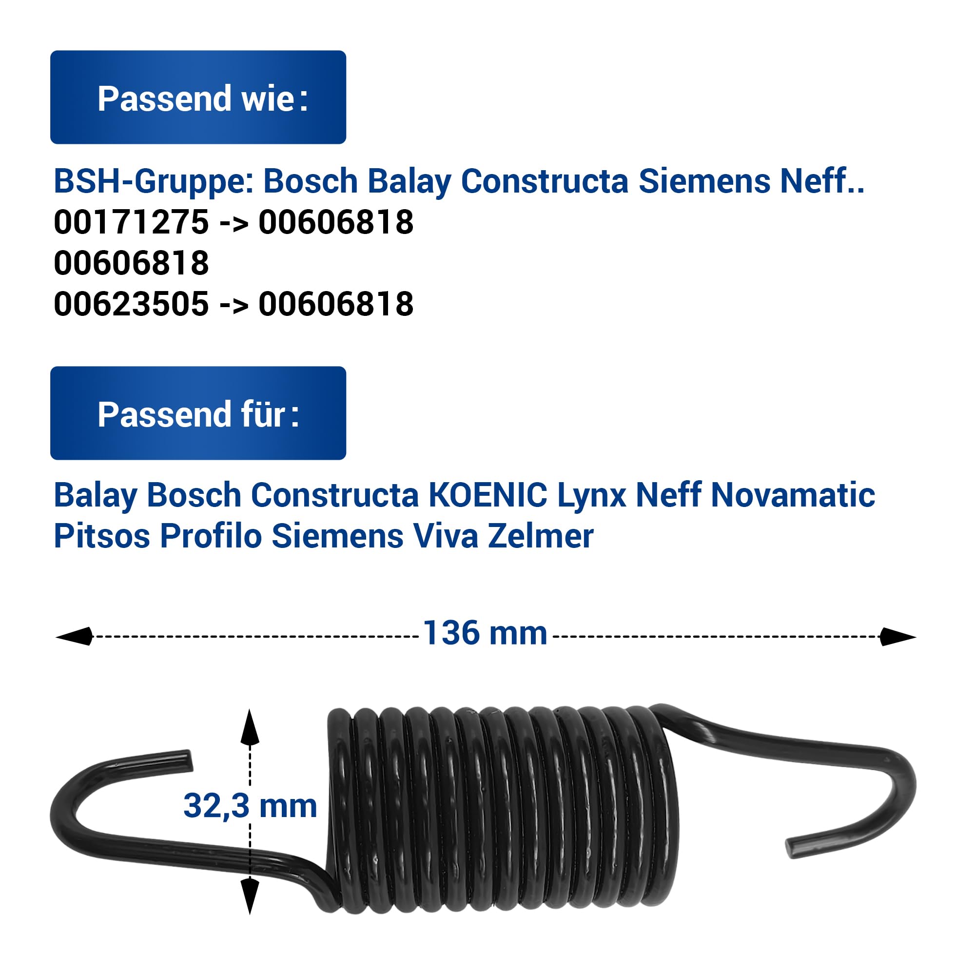 VIOKS 2x Federn Metall für Bottich WaschmaschineErsatz für Bosch 00606818 | Zugfedern mit Haken, ersetzt 606818, für iQ100 iQ300 iQ390 Serie 2 Serie 4 iSensoric Maxx Extraklasse Siwamat varioPerfect