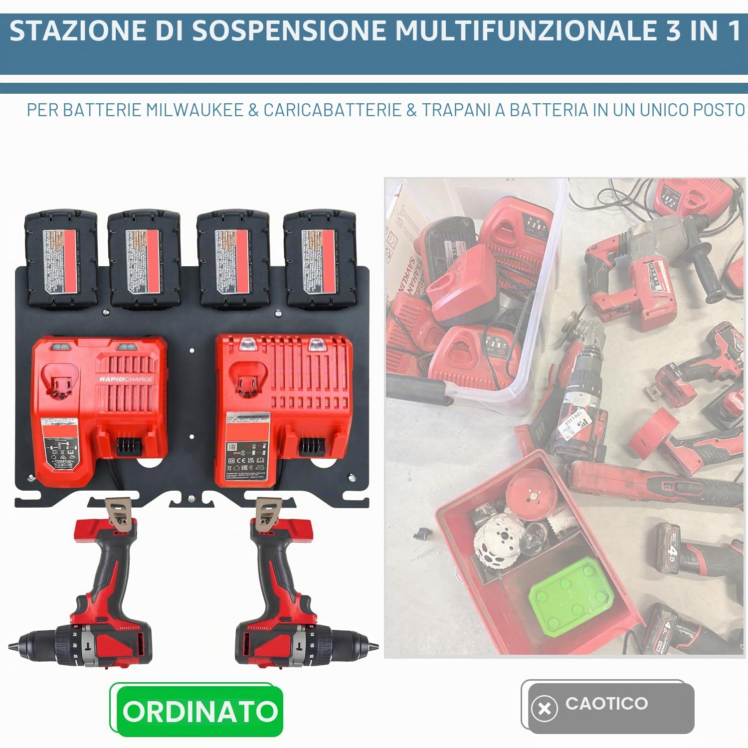 Supporto da parete 3 in 1 per caricabatteria Milwaukee, batterie, trapano, supporto in metallo, scaffale per 4 batterie da 18 V, 2 caricabatteria M12-18C/2 M12-18FC