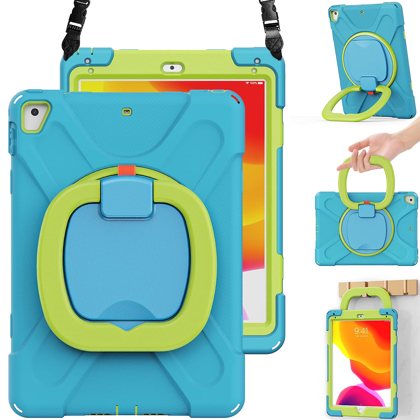 Fegishilly Functional Kids Case for iPad 6th Gen/iPad 5th Gen/iPad Pro 9.7''/iPad Air 2, Rugged Silicone Cover with Hand Grip, Pencil Holder, Shoulder Strap, Stable Kickstand (Sky Blue)