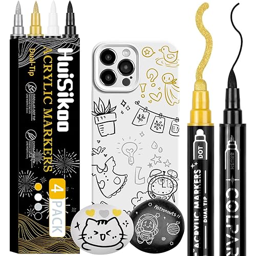 Paint Marker, 4 Pack Dual Tip Acrylic Paint Pens with Medium Tip and Brush Tip, Ideal for Wood, Rock Painting, Canvas, Stone, Glass, Ceramic and DIY Crafts (4 color)