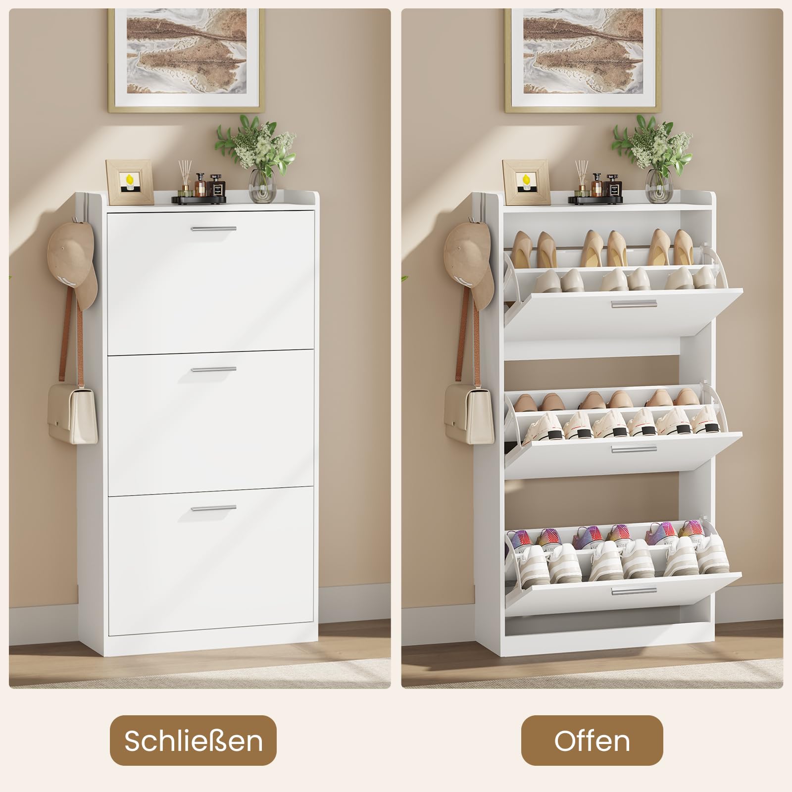Asgolion Schuhschrank 3 Klappen, Schuhregal, Trennwand verstellbar,Schuhaufbewahrung, Schuhschrank Holz für den Eingang, Flur, Wohnzimmer, 60 x 22.5 x 120 cm, weiß