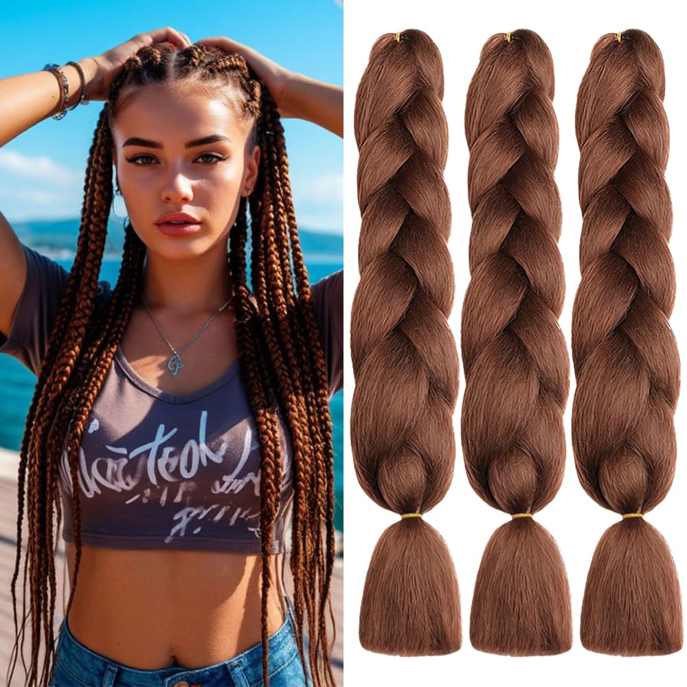 ShowJarlly 24 Inch Jumbo Braids Hair Extension, 3 Packs of Ombre Jumbo Braids Synthetic Fibre Extension (33#) Dark Auburn