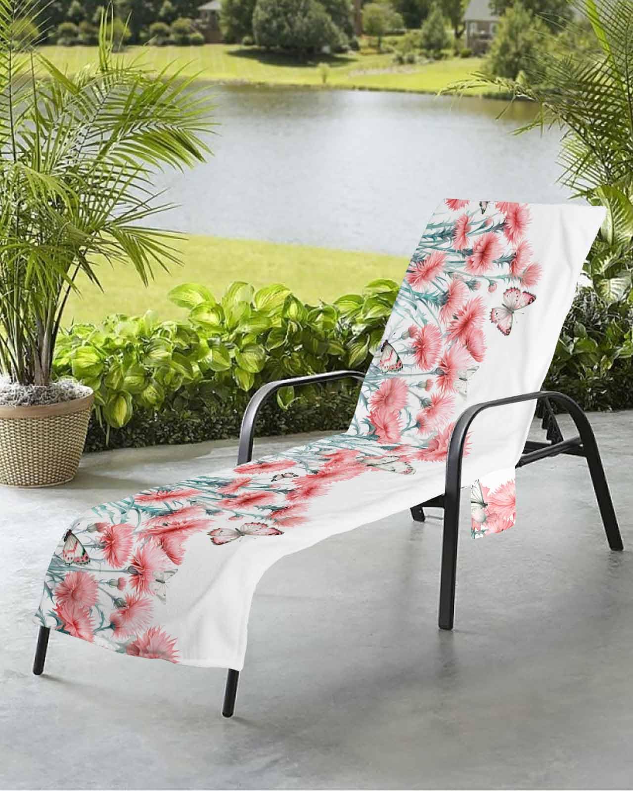 Sping Pink Flower Beach Chair Towel Covers for Chaise Lounge with Side Pocket, Soft Plush Pool Towels Cover for Patio Sunbathing Outdoor Summer Botanical Plant Watercolor White 29''x85''