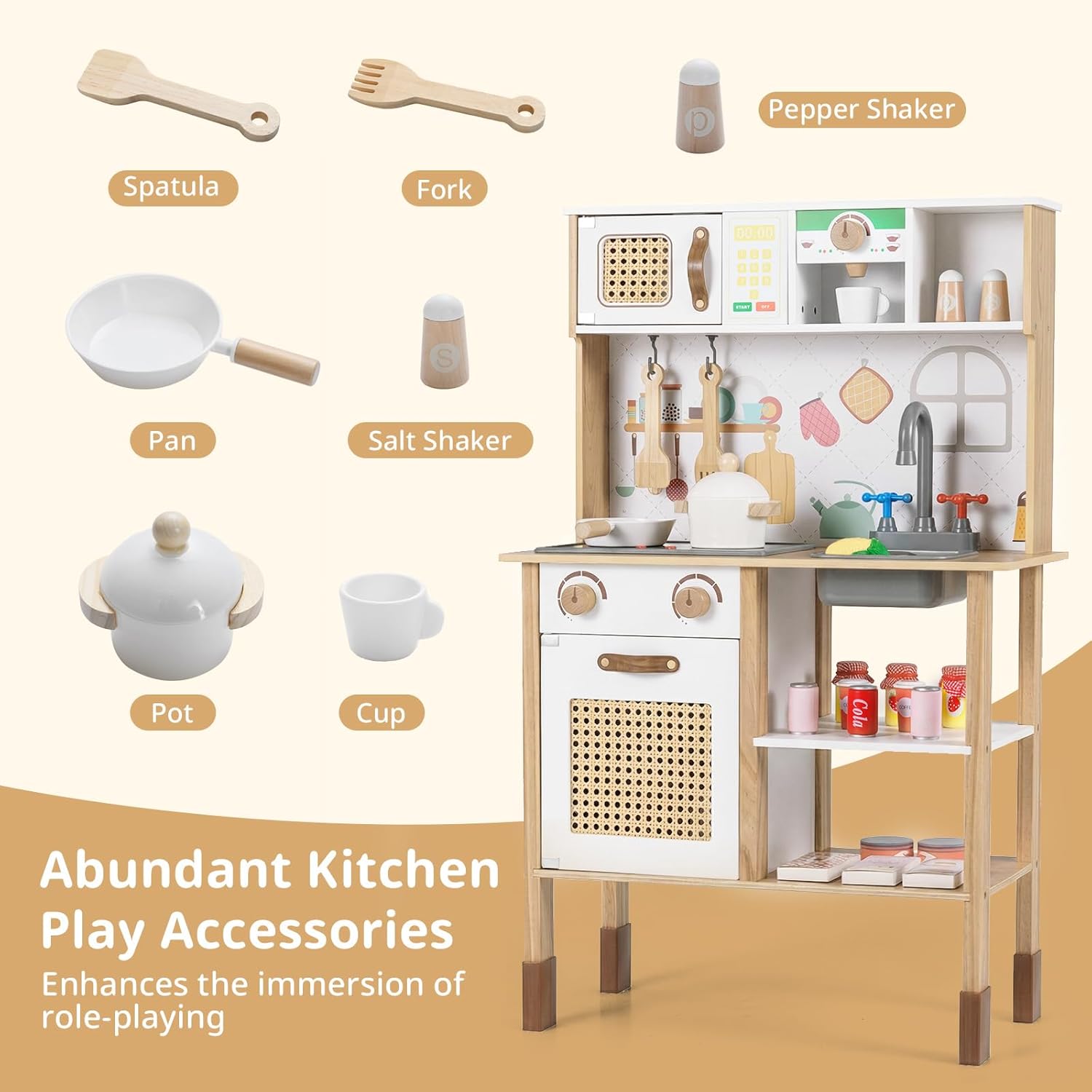 INFANS Play Kitchen for Kids, Wooden Pretend Playset with Adjustable Heights Rattan Door Blackboard Realistic Lights Sounds, Toddler Cooking Toy Gift for Boys Girls Aged 3+