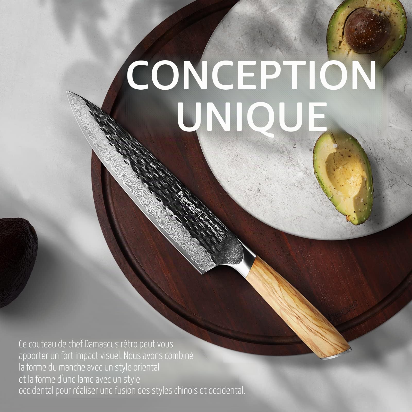 hecef Couteau de Cuisine Damas 20 cm avec Manche en Bois d'Olivier | Couteau japonais professionnel en acier Damas 67 couches, idéal comme couteau chef pour viande, légumes et cuisine maison