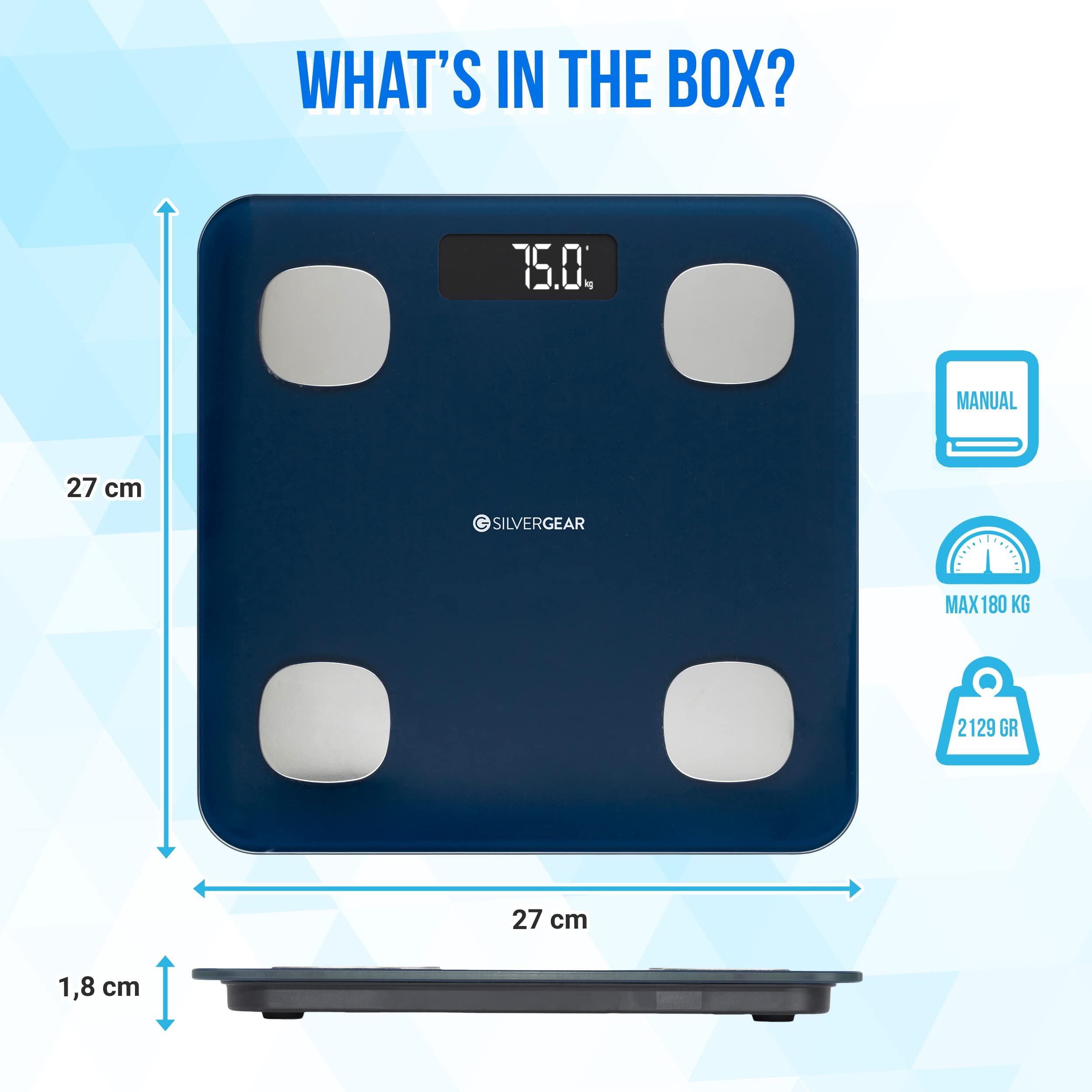 Silvergear® Körperfettwaage | Personenwaage Digital | Bluetooth Körperfettwaage mit App | Smart Waage für Körperanalyse, Muskelmasse & BMI | 27x27cm | Blau