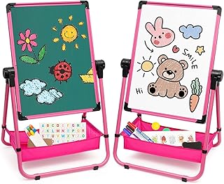 حامل فني خشبي مع لوح حامل مزدوج الجوانب للأطفال، حامل أبيض وأسود بارتفاع قابل للتعديل (لون وردي)