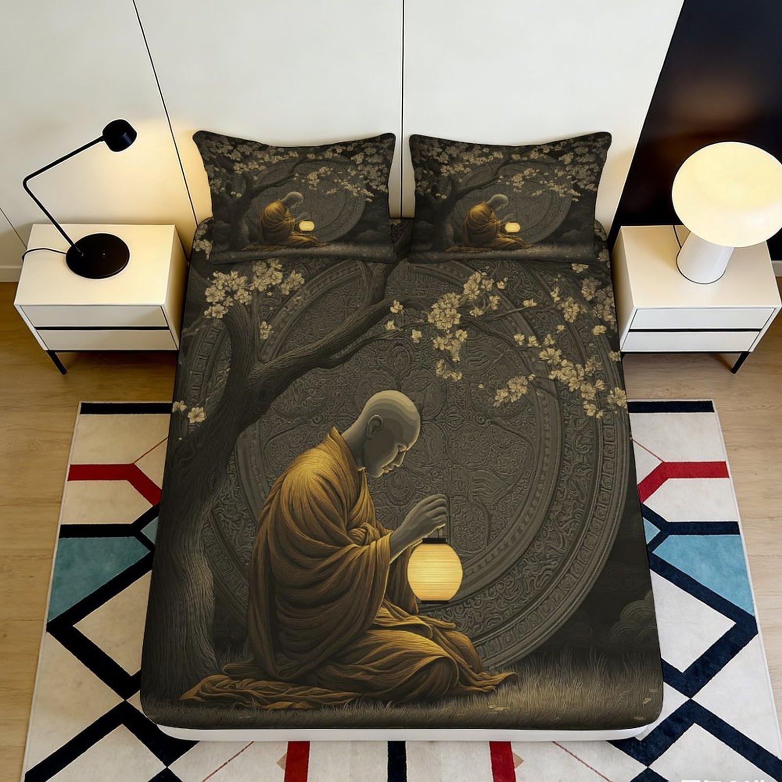 3D Printed Buddha Fitted Sheet, Zen Tree Microfiber, Soft Touch, Wrinkle Resistant, Home Decor, Guest Room Bedding, Anti-Slip, Easy Care, Bed Cover, 118 Char 90x200x25cm