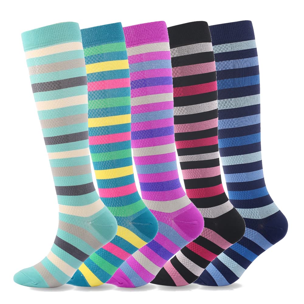 Chaussettes de Contention(5 Paires) pour Femmes 20-30 mmHg, Bas de Contention, Chaussette de Compression pour le sport, la course, le cyclisme.