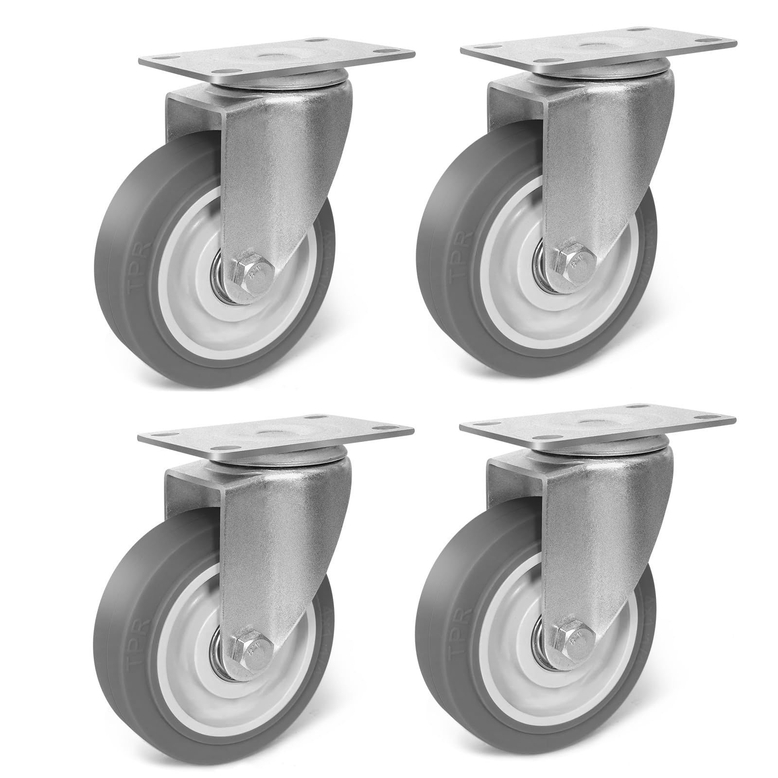 Sohnvwtgd 4 Swivle 4 Inch Caster Wheels, Rubber Wheels Silent Castor- Set Of 4 Heavy Duty Caster Wheels With Brake 1600Lbs, Industrial Plate Casters Wheels For Cart Furniture Workbench (4 Swivel)