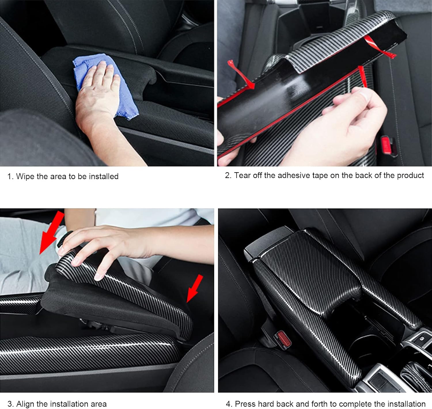 Center Console Trim Cover Compatible with Honda Civic 10th Generation 2016-2021 Center Armrest Box ABS Black Carbon Fiber (3Pcs)