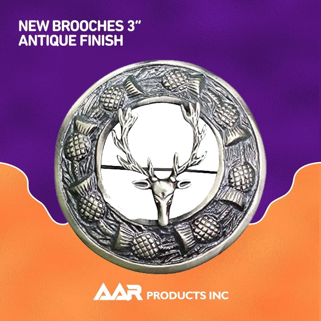 Antique Kilt Brooch for Men with Thistle Design Scottish Fly Plaid 3" (7cm) diameter - Image 3