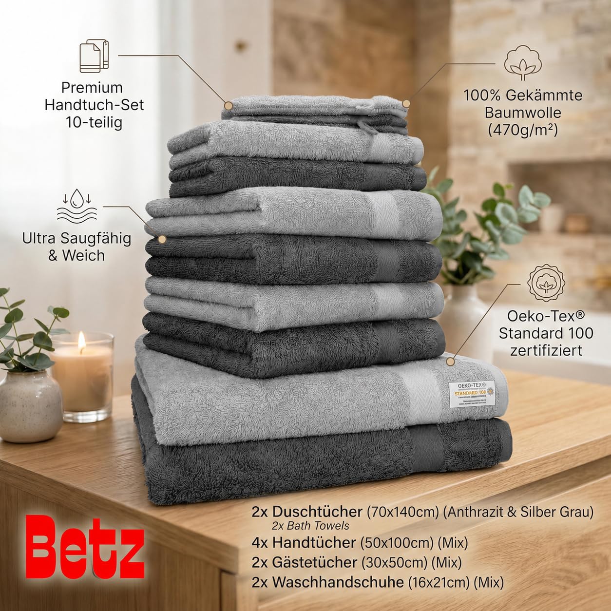 Betz set di 10 asciugamani Premium 100% cotone 2 teli doccia 4 asciugamani 2 asciugamani per ospiti 2 guanti da bagno colore antracide e grigio argento