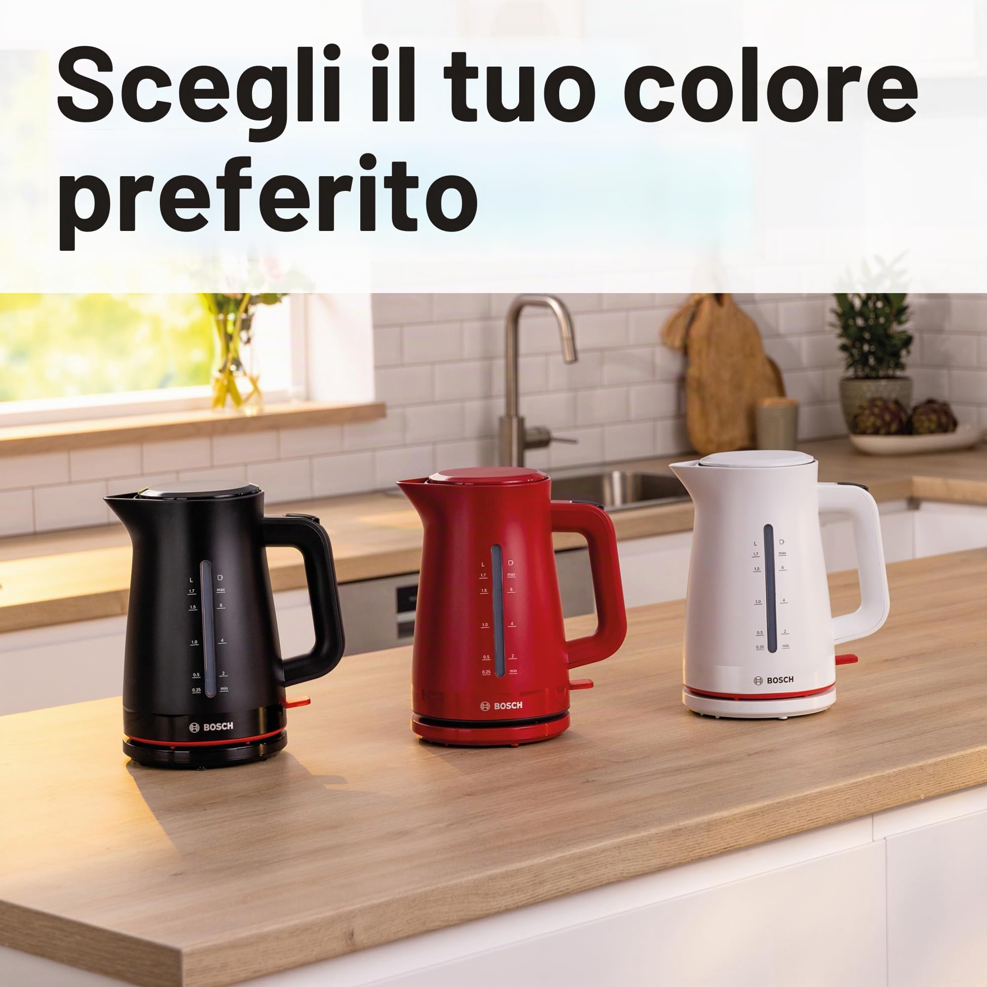 Bosch TWK3M121 Bollitore, Capacità 1.7 L, Filtro Anticalcare, Bianco | Bollitore, Riscaldamento Rapido, Filtro Removibile, Indicatore Livello Acqua, Spegnimento automatico, Facile da Pulire
