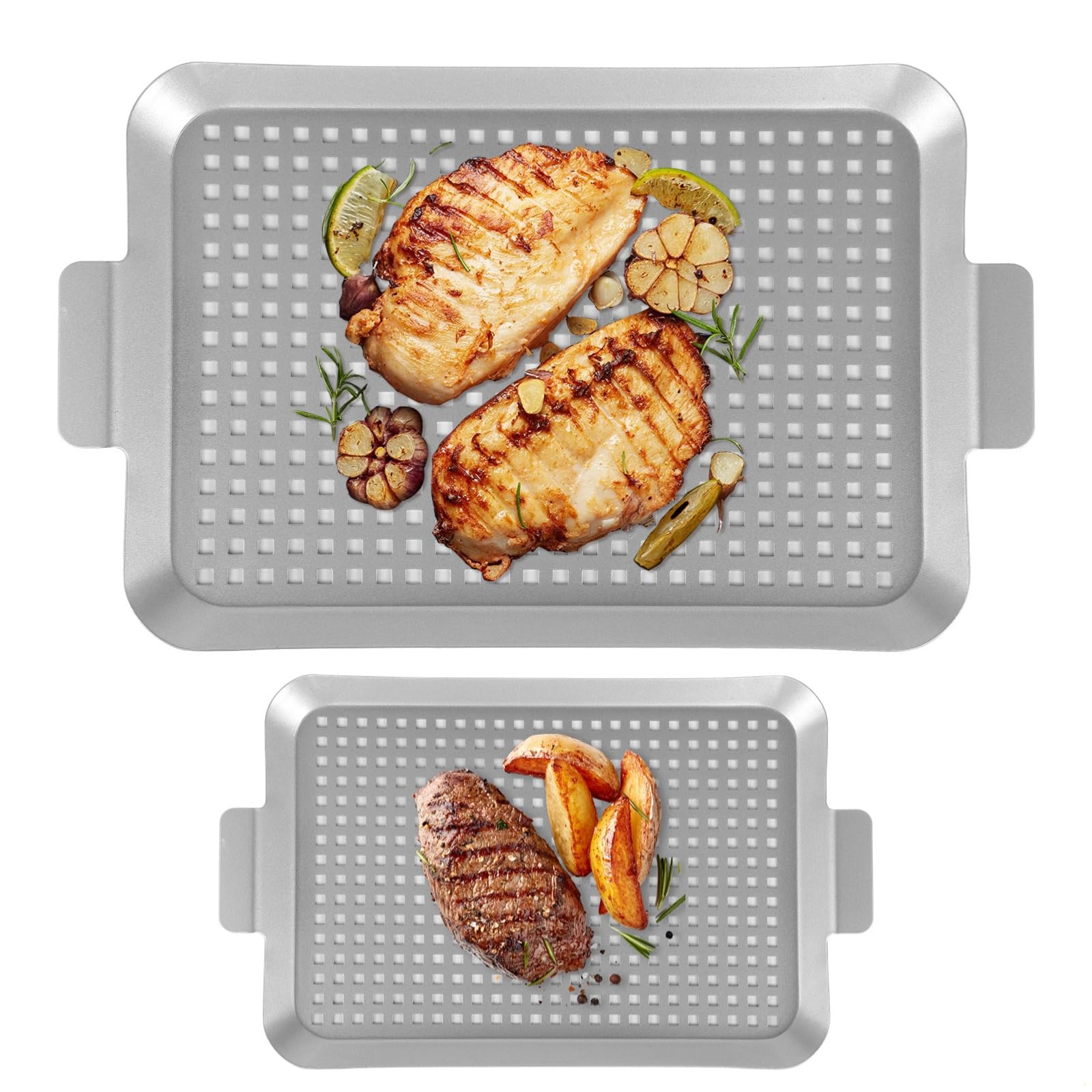 Bosreroy 2 Grill Trays with Perforations and Handles, Outdoor BBQ Griddle Plates, Medium & Small Sizes, Ideal for Roasting Fish, Veggies, Meat, Multiuse Baking Sheets