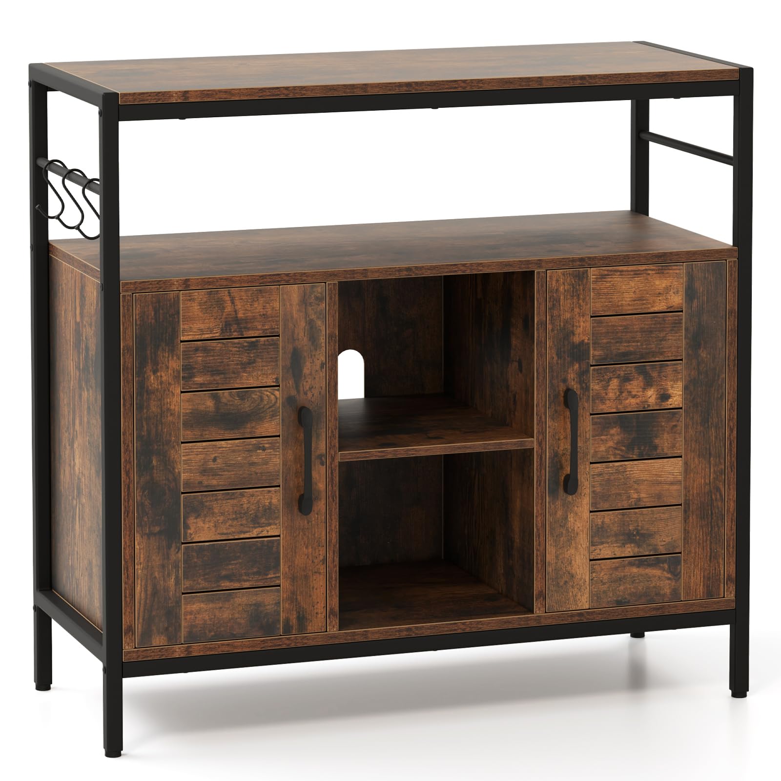 KOMFOTTEU Küchenbuffet Industriestil, Küchenschrank aus Holz & Metall, Aufbewahrungsschrank mit 2 Türen, offene Fäche & verstellbare Regale, Sideboard für Küche Flur Esszimmer