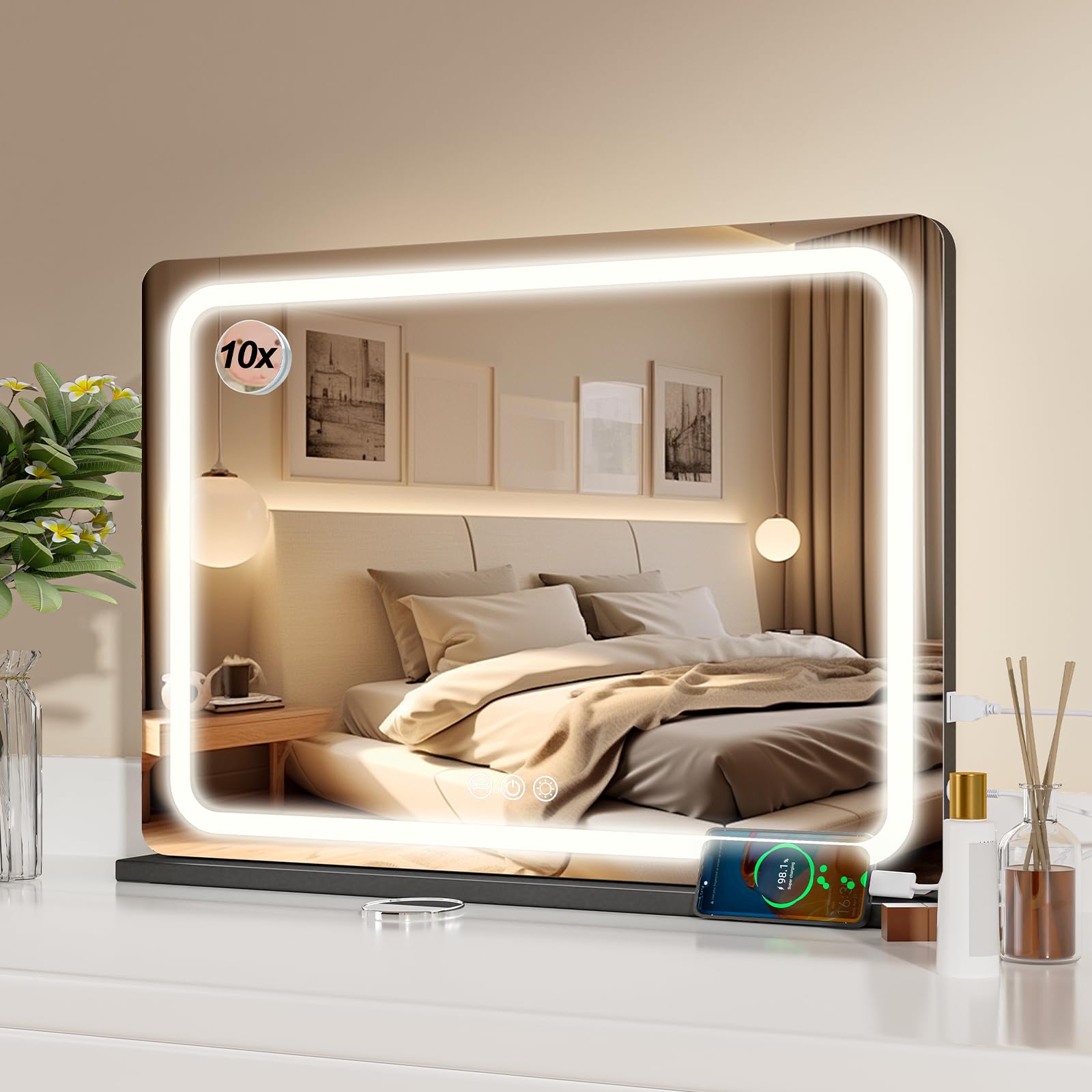 Aovquof Espejo Maquillaje con luz, 80x55 cm, Gran Espejo tocador LED con LED, 3 Modos de iluminación, con USB y Lente de Aumento 10x removible, Espejo de Pared - Negro