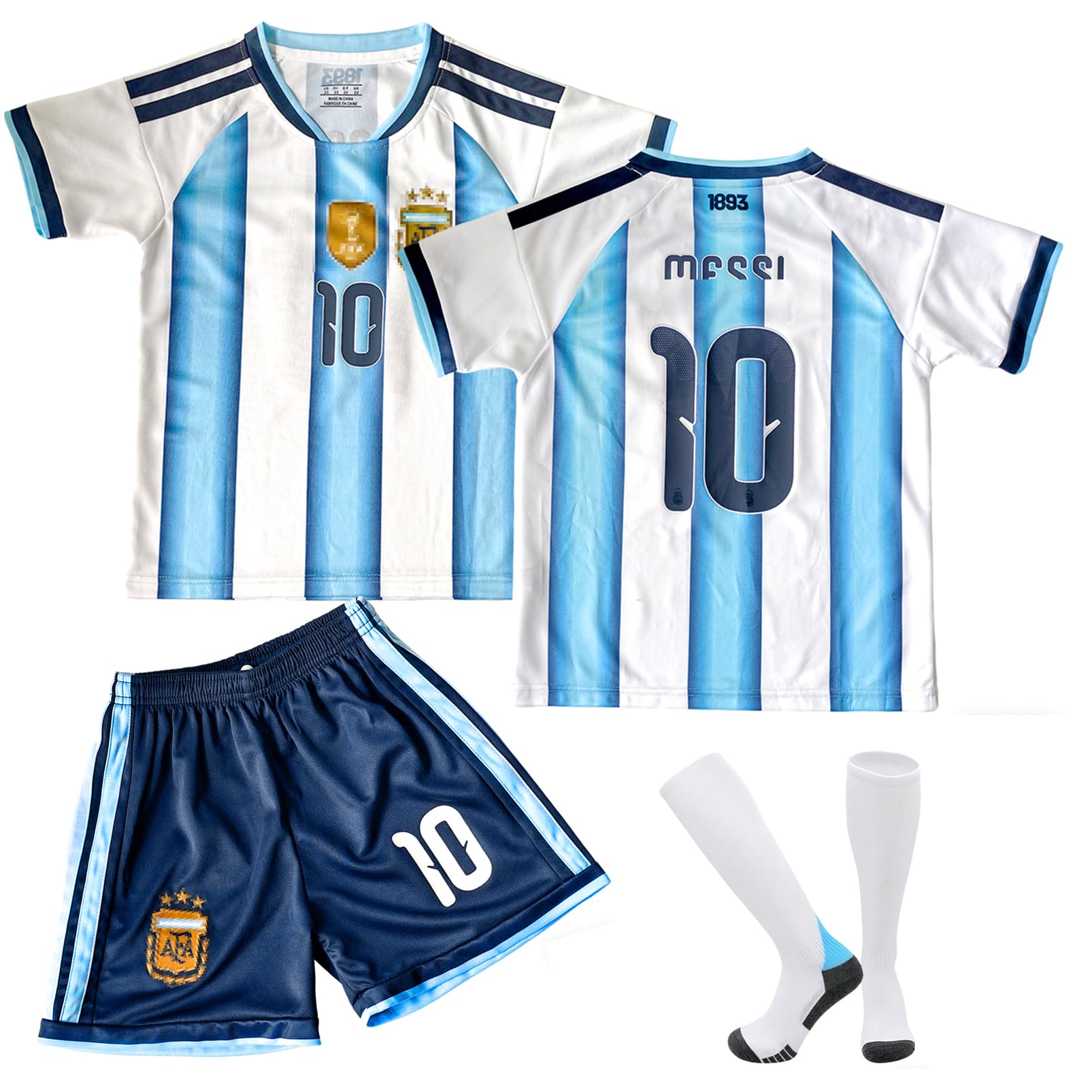 COQOYO Fussball Trikot Kinder Set, Heim Nr.10 Fußballtrikot für Jungen und Mädchen von 6-7 Jahren, Atmungsaktives und Schnelltrocknendes Fußball-Trainingstrikot mit Kurzarm Shorts Socken, Blau-Weiß