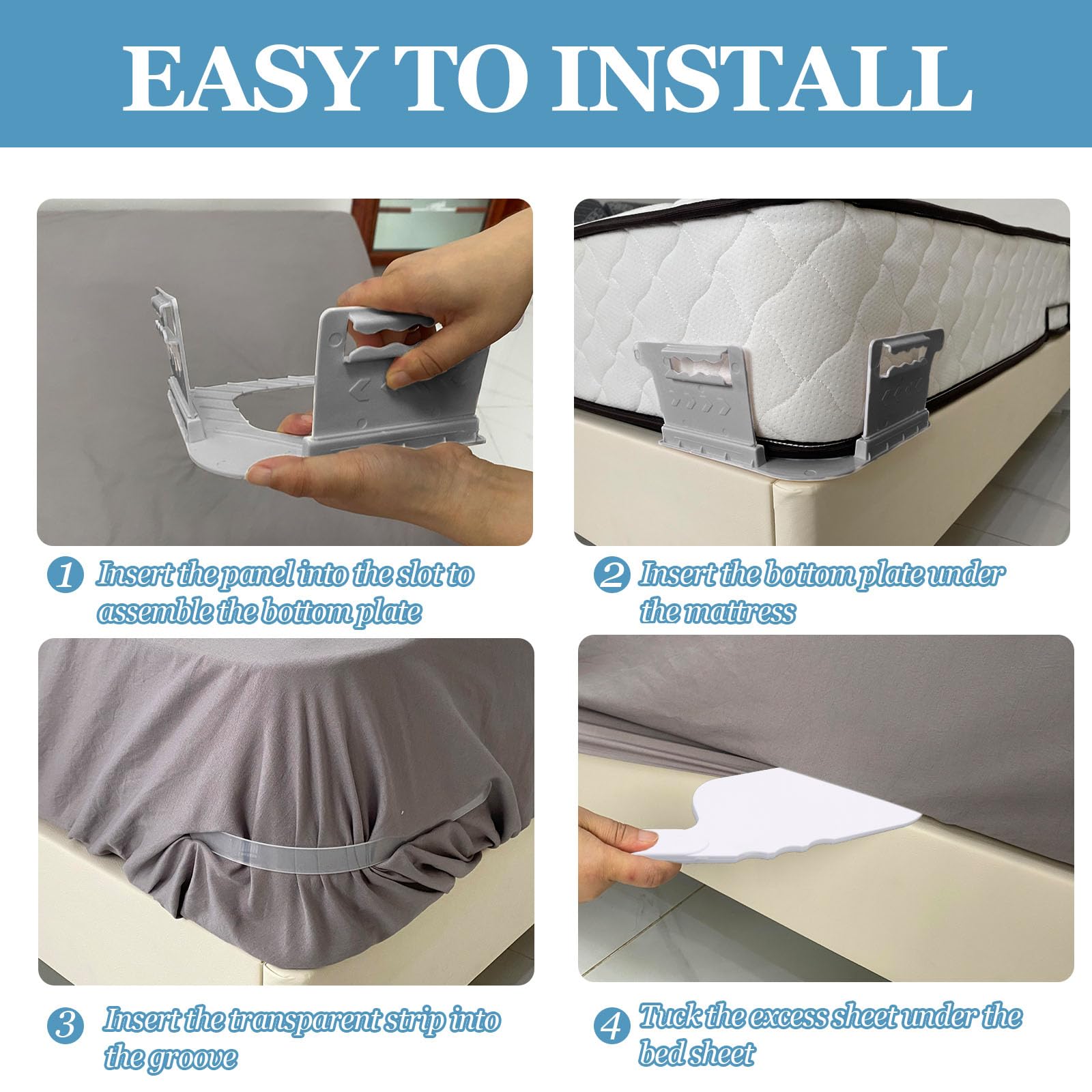 CONAMEI Bed Sheet Holder for Corner Heavy Duty Bed Fitted Sheets Locks Set with Sheet Tuck-in Tool Easy to Install for One Person Fits All Mattress Sizes Tight & No Slip,Grey