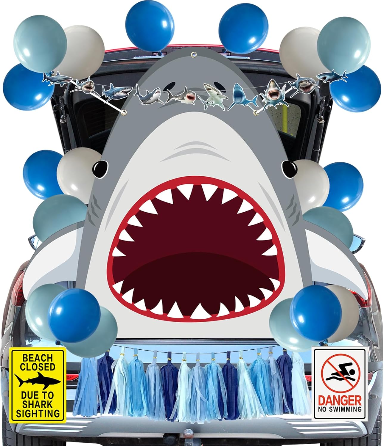Halloween Trunk or Treat Car Decorations Kit for SUV,Shark Decorations with Banner,Paperboard Tassels,Balloons and Shark Signs Stickers for Garage Door Haunted House Outdoor Halloween Decorations