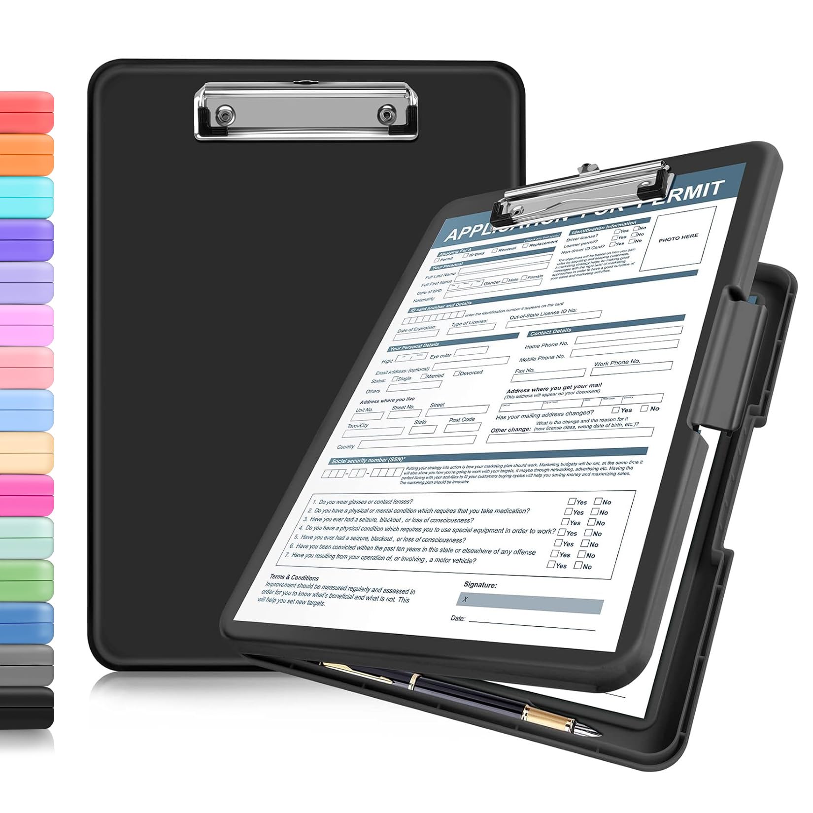 ANZNKU Clipboards with Storage, 13x9.6 Heavy Duty Nursing Clipboard Foldable, Plastic Storage Clipboard with Pen Holder, Cute Clip Board Folder for Teacher Nurse Work, School & Office Supplies(Black)