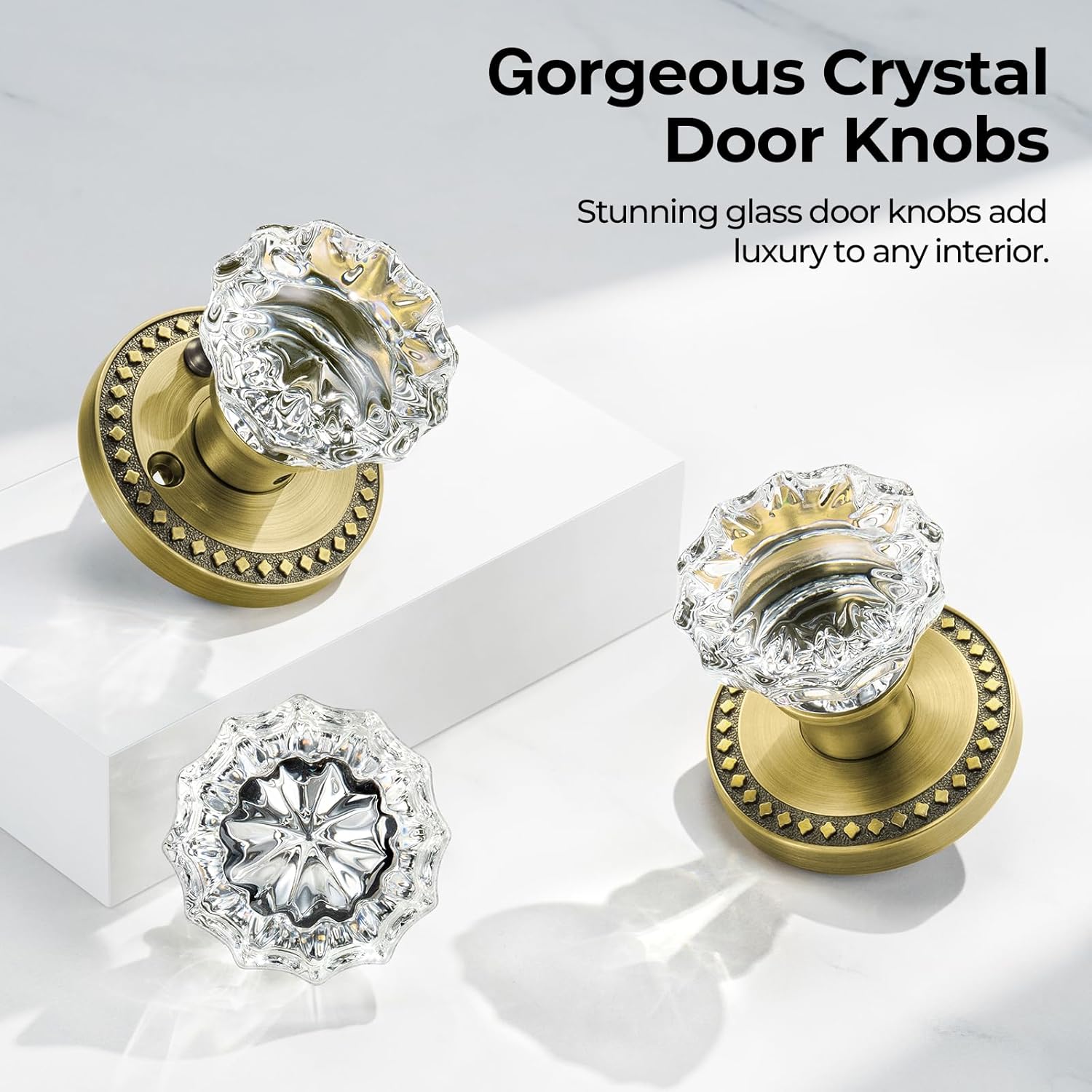 Glass Door Knobs with Lock, Antique Brass Crystal Door Knobs Interior for Privacy Use, Rosette Vintage Crystal Doorknob for Bathroom & Bedroom, 1 Pack