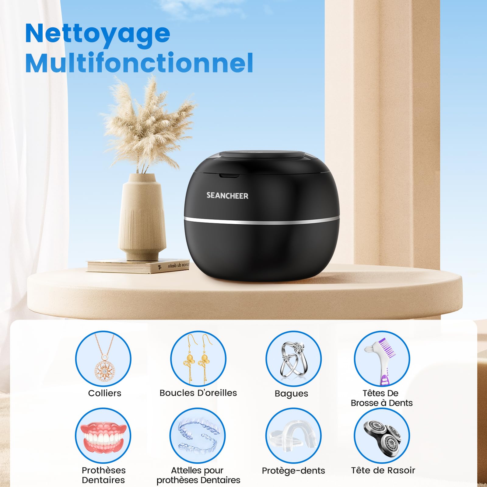 SEANCHEER Nettoyeur Ultrasons 48000Hz Bac Ultrason | 24W | 180ML | Mini Ultrasonic Cleaner Portable avec Lampe UV pour | Prothèses Dentaires | Gouttière Dentaire | Retainer | Bijoux | (Noir)
