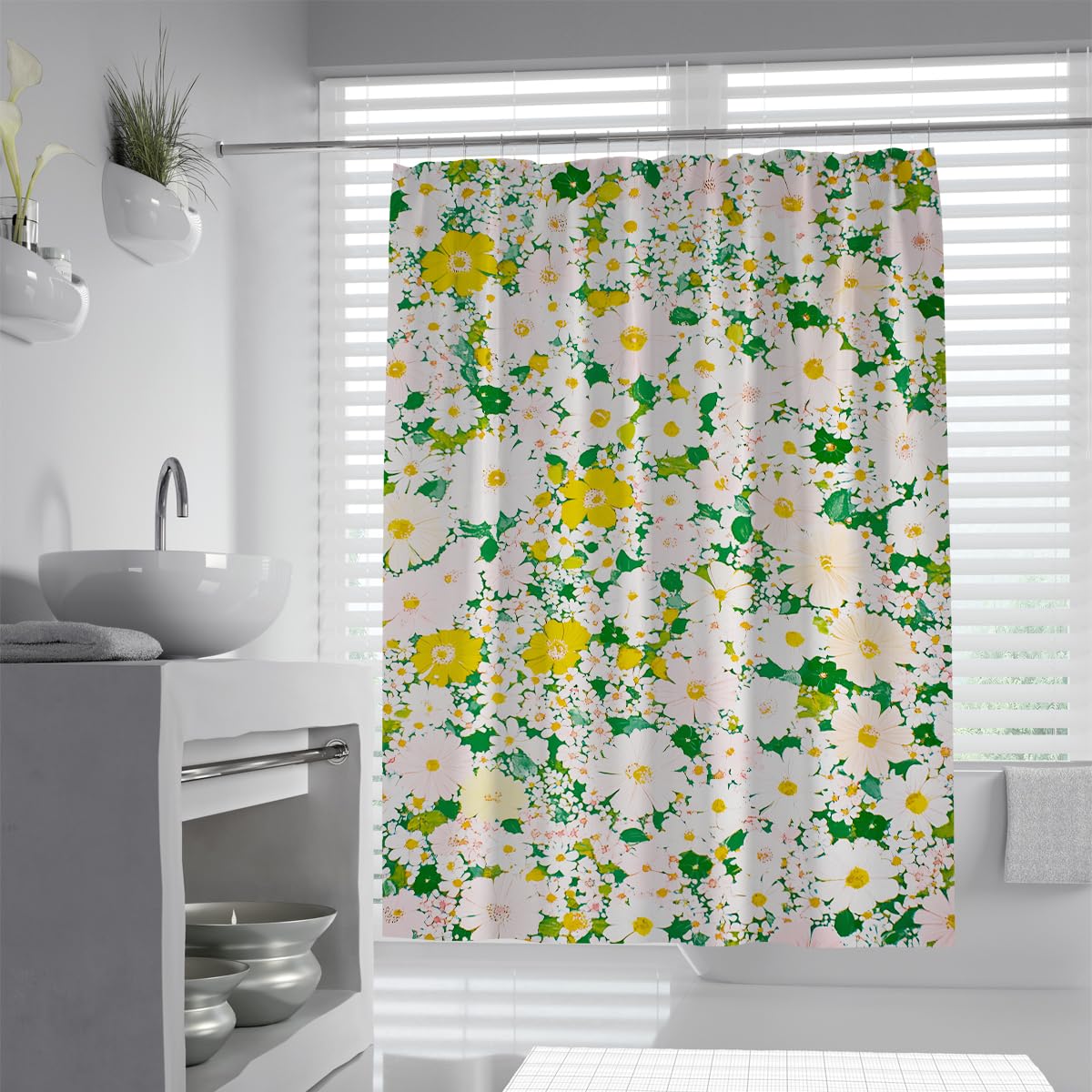 UIRINGART Retro Daisy Flower Shower Curtain W120xL180cm Yellow White Green Botanical Pattern Mildew Resistant Waterproof Shower Screen Bath Decoration With Hooks